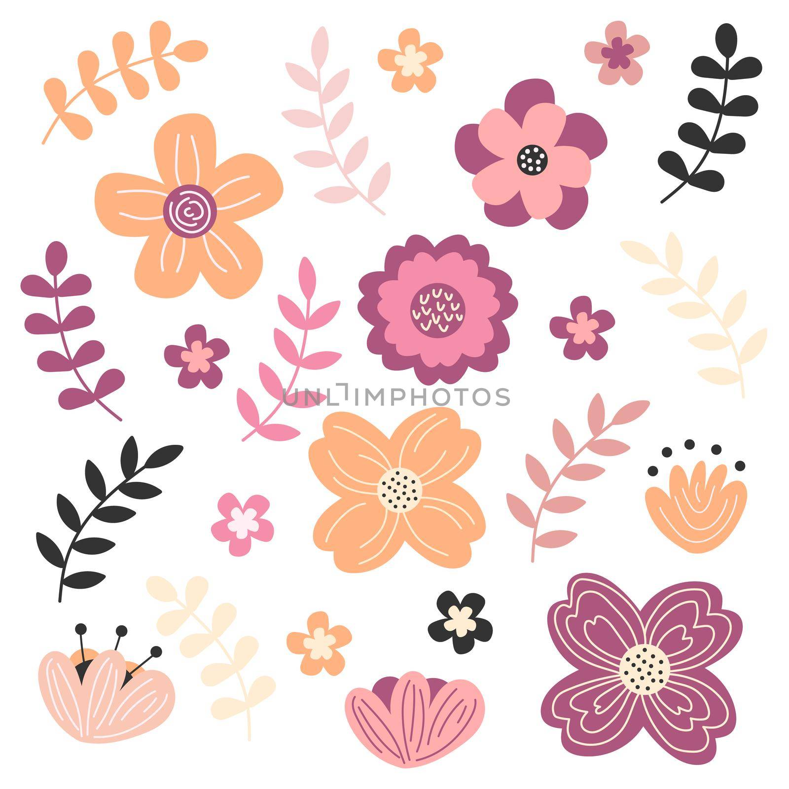 Spring flowers set with pastel color. Floral and leaves elements collection. by natali_brill