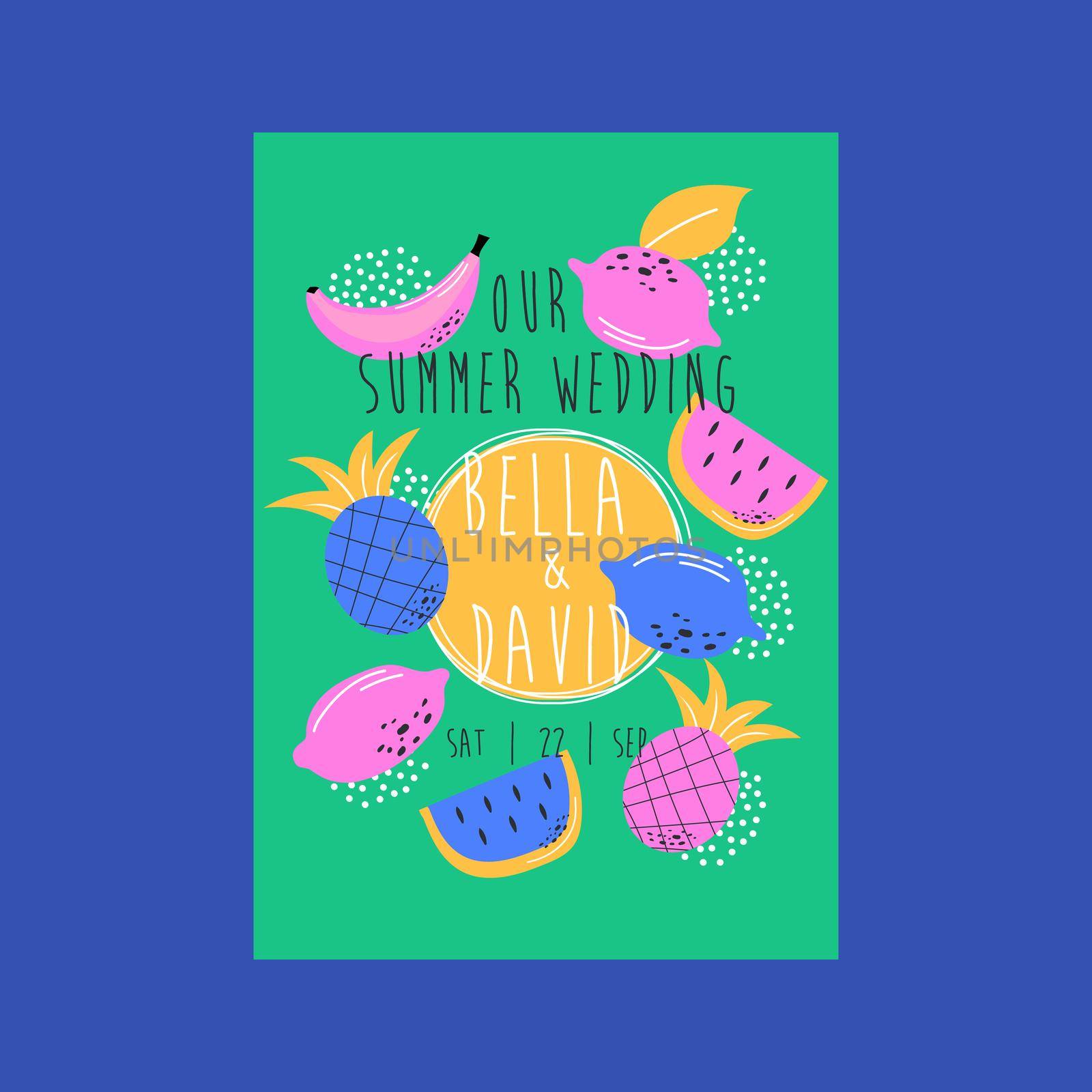 Wedding invitation with fruits. Greeting date card with summer elements by natali_brill