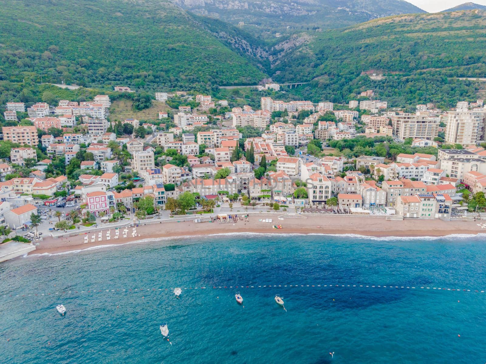 Aerial view of the small town Petrovac, Montenegro and Lucice beach.