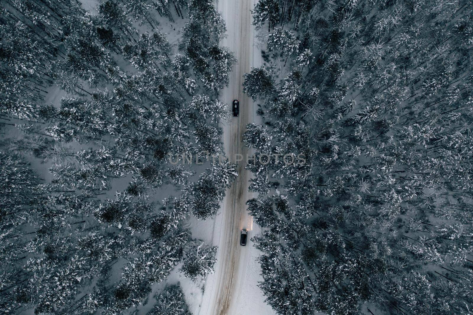 Night time aerial view of snowy road in pine tree forest in winter season. Drone top down view of snowy winter road surrounded pine and fir forest and two cars with light