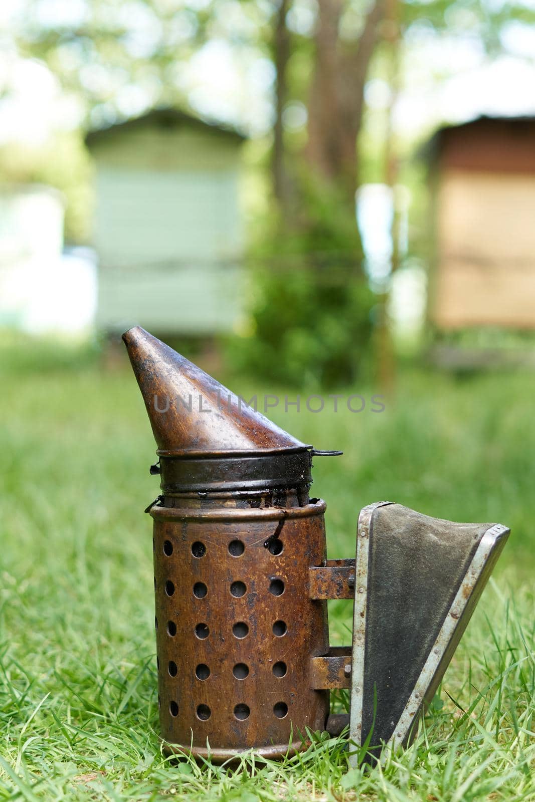 Vertical photo of the traditional tool to scare the bees with smoke in a honey production farm