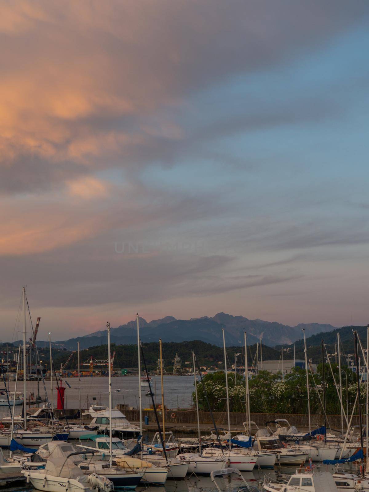 La Spezia, Italy - 9th july 2022 marina and city panorama at sunset in summertime by verbano