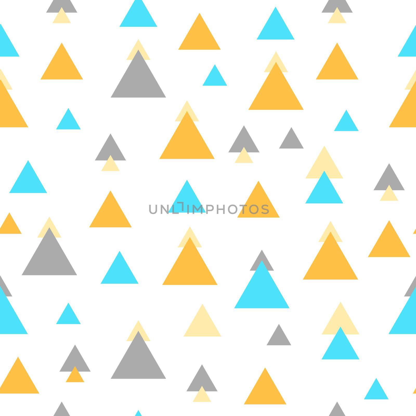 Geometric seamless pattern with colorful figures. Triangles on white background. Endless texture in orange and blue colors