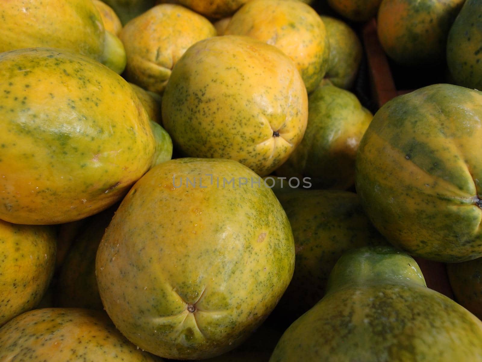 Close-up of Hawaiian papayas at a farmer's market in Oahu, Hawaii.