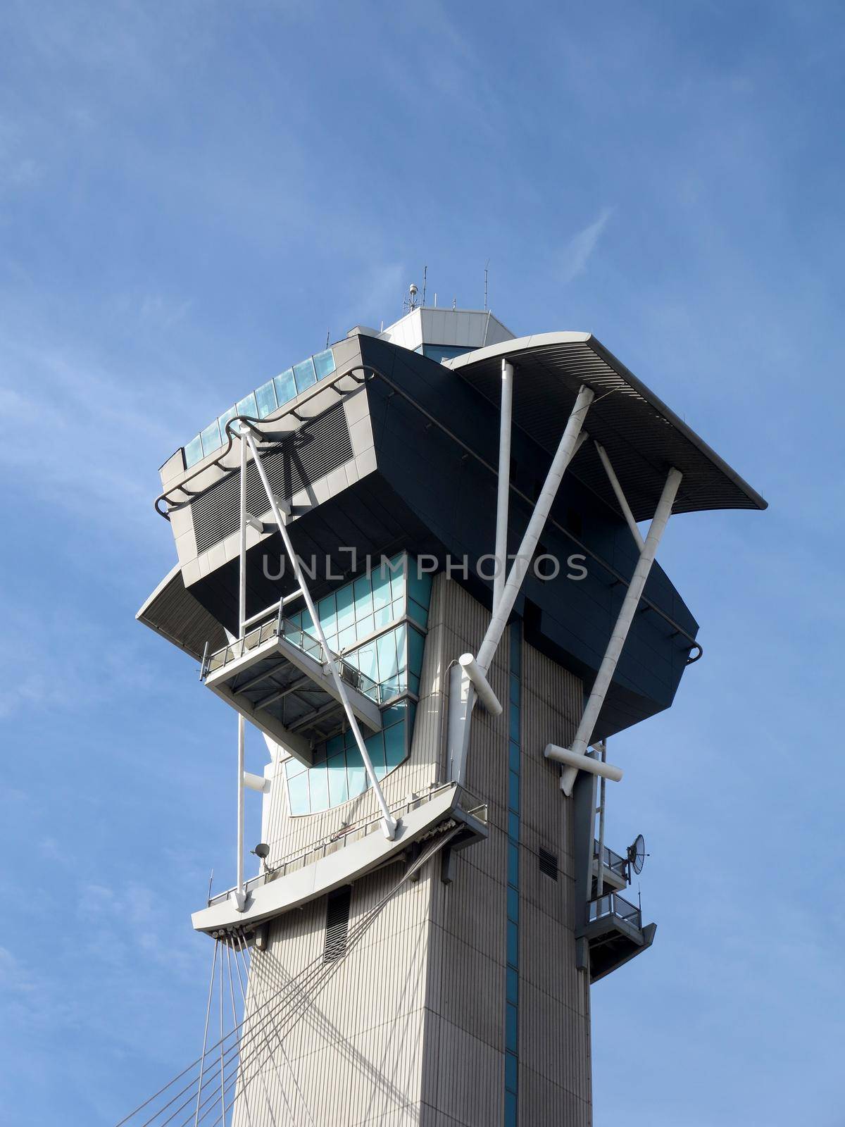 Modern Aviation Watch Tower against a blue sky at LAX.