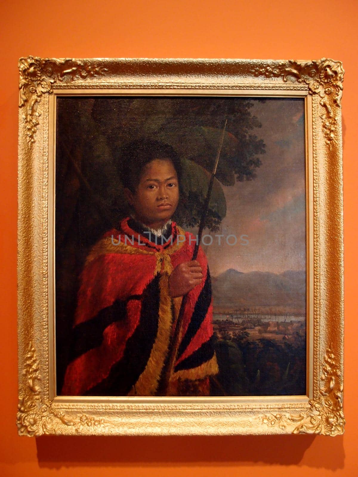 Kamehameha III, 1825, Oil on canvas by Robert Dampier (British, 1800-1874).  Posed as the monarch he was destined to become, young Kamehameha stands regally in a verdant setting,  the small settlement of Honolulu fort just visible beyond the banana trees that frame him.    Holding a spear, he is draped in a traditional feather garment.  Kamehameha III reigned from  1825 to 1854, during which time he oversaw Hawaii transition from a feudal society to a constitutional monarchy.