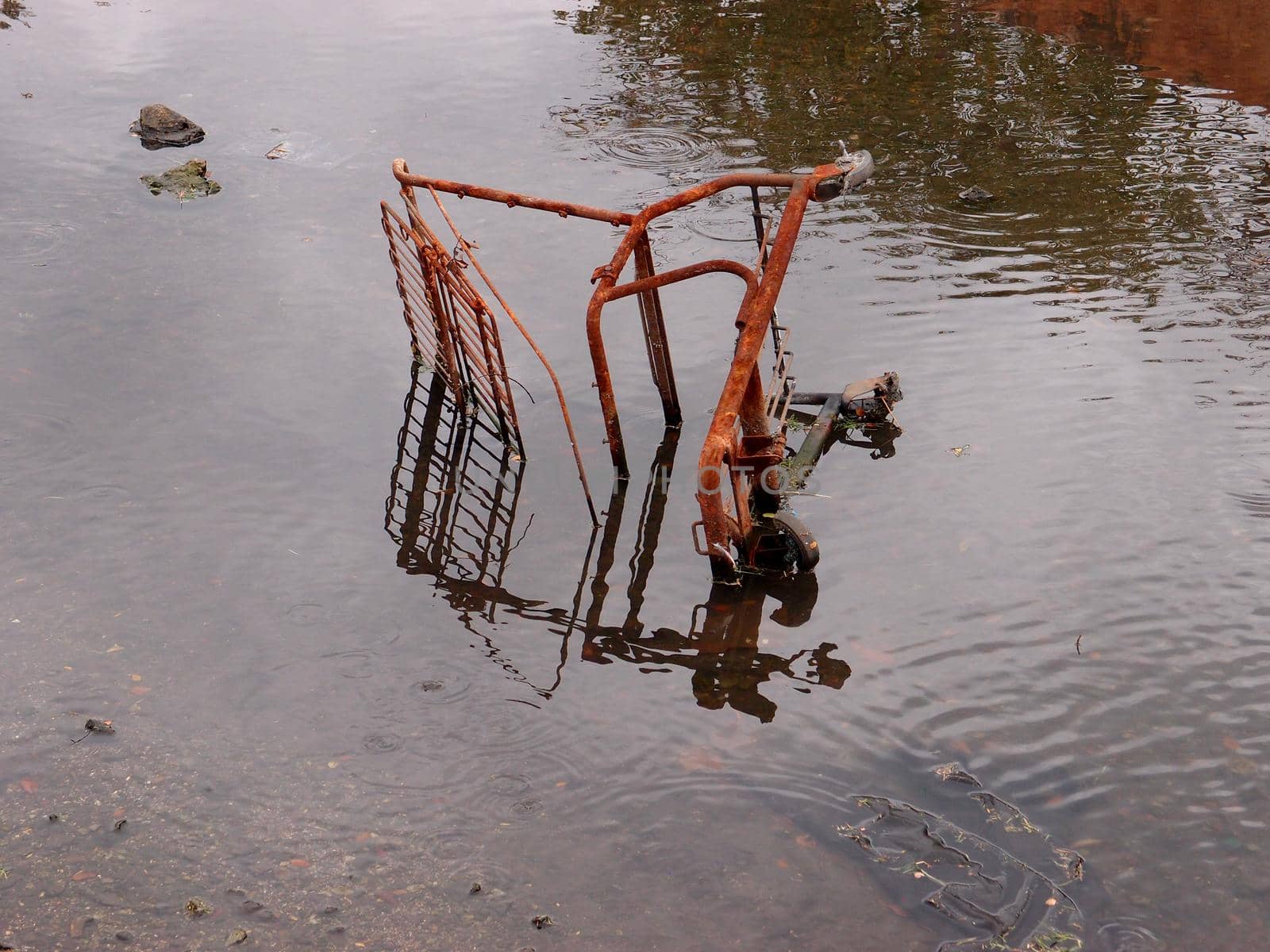 Rusting Shopping Cart lays on its side in river