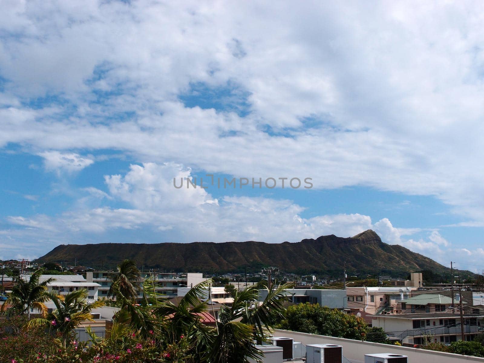 Diamond Head, buildings, and Kapahulu Town Area of Honolulu, Hawaii.  