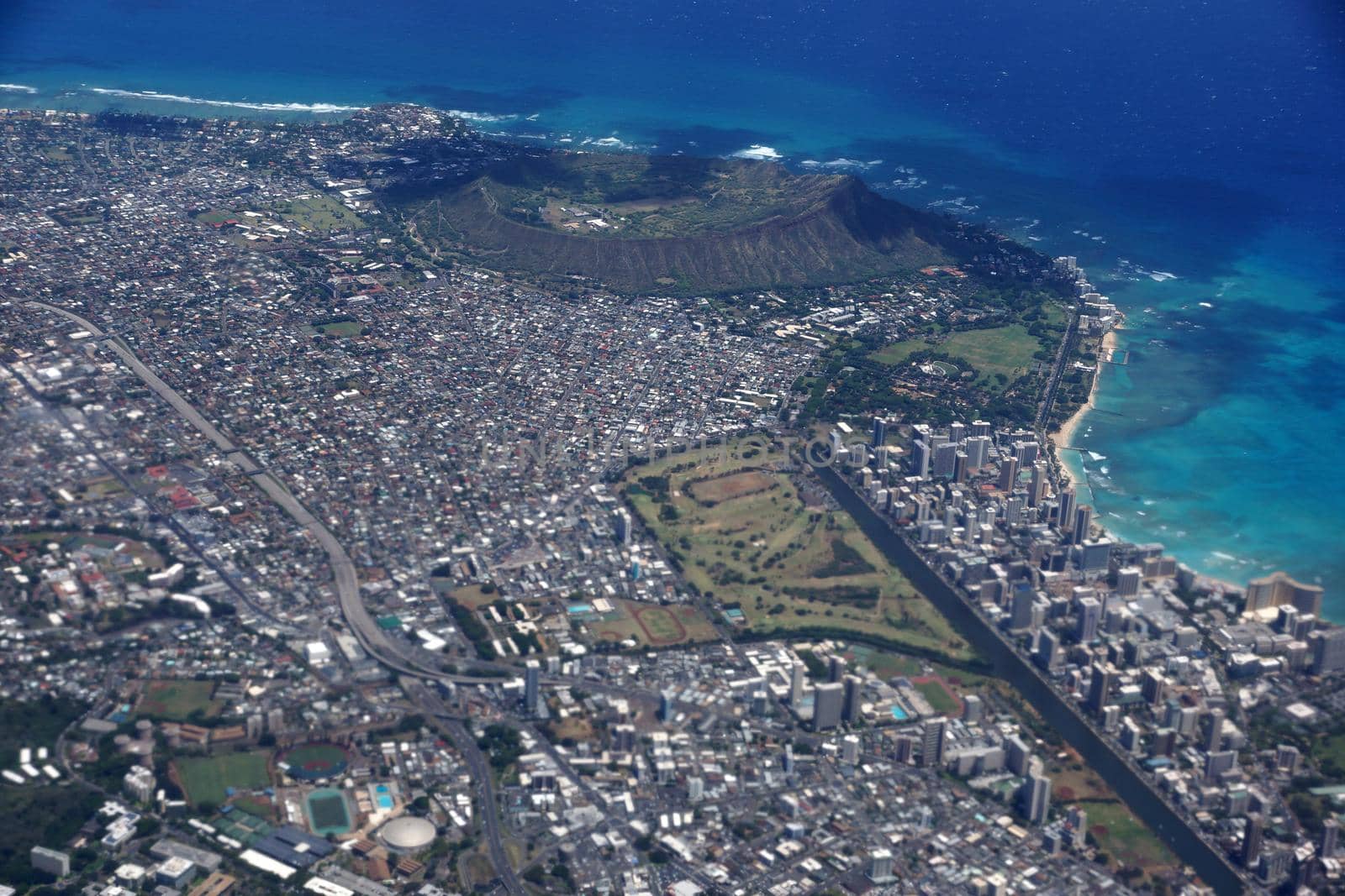 Aerial view of Diamondhead, Kapiolani Park, Waikiki, Ala Wai Canal and Kapahulu town by EricGBVD