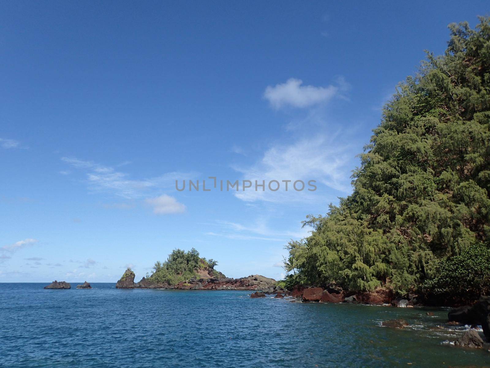 Red Rock cliff and islands covered with trees along the ocean by EricGBVD