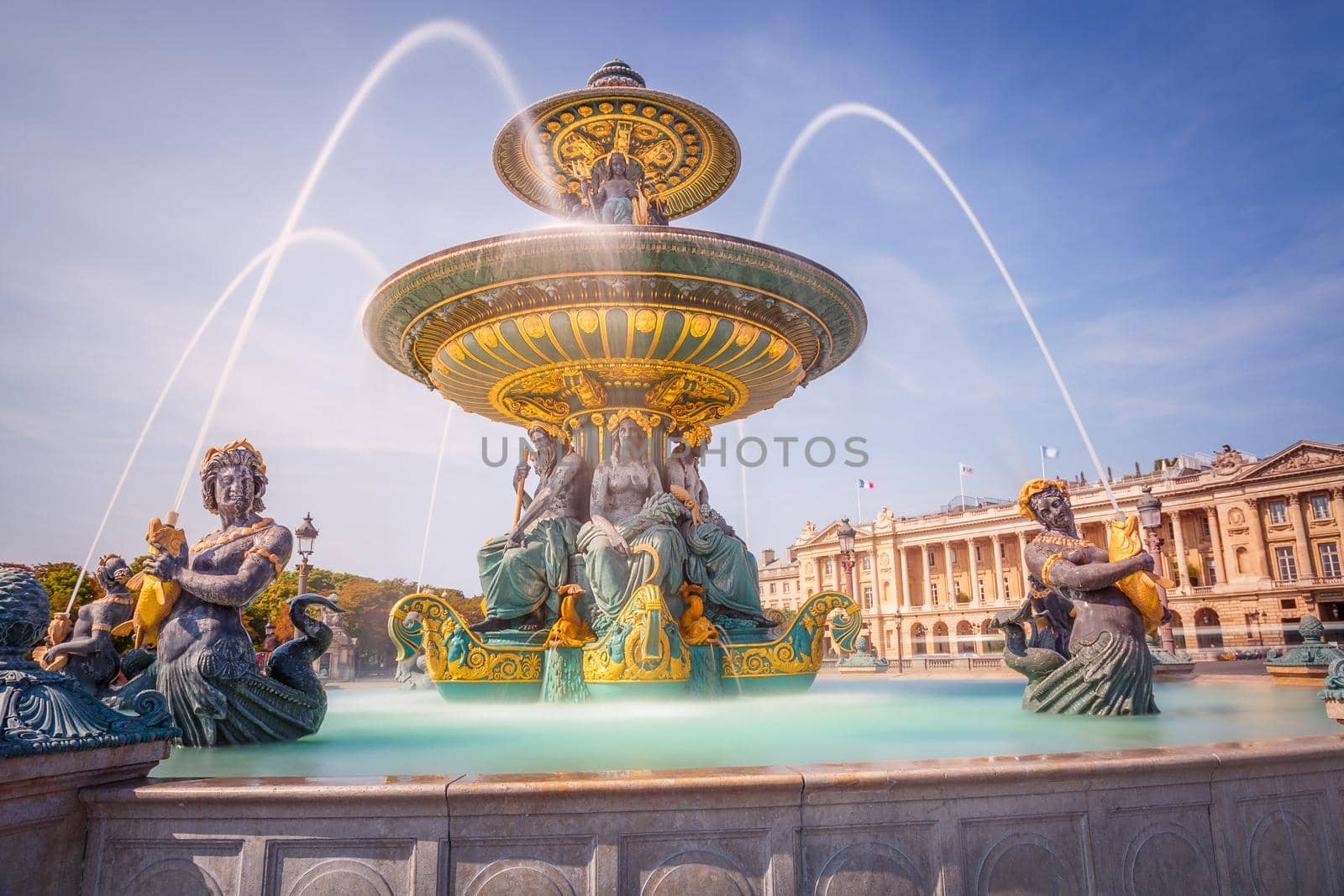 Fountain in Place de la concorde with blurred water, Paris, France. Long Exposure