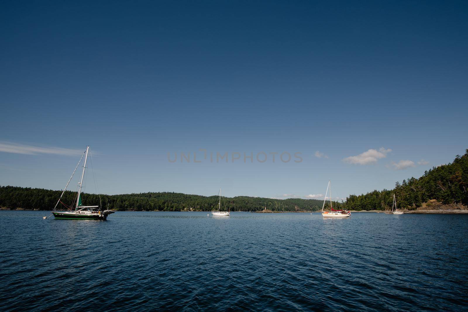 Boats at anchor on a sunny day near Pender Harbour, British Columbia, Canada