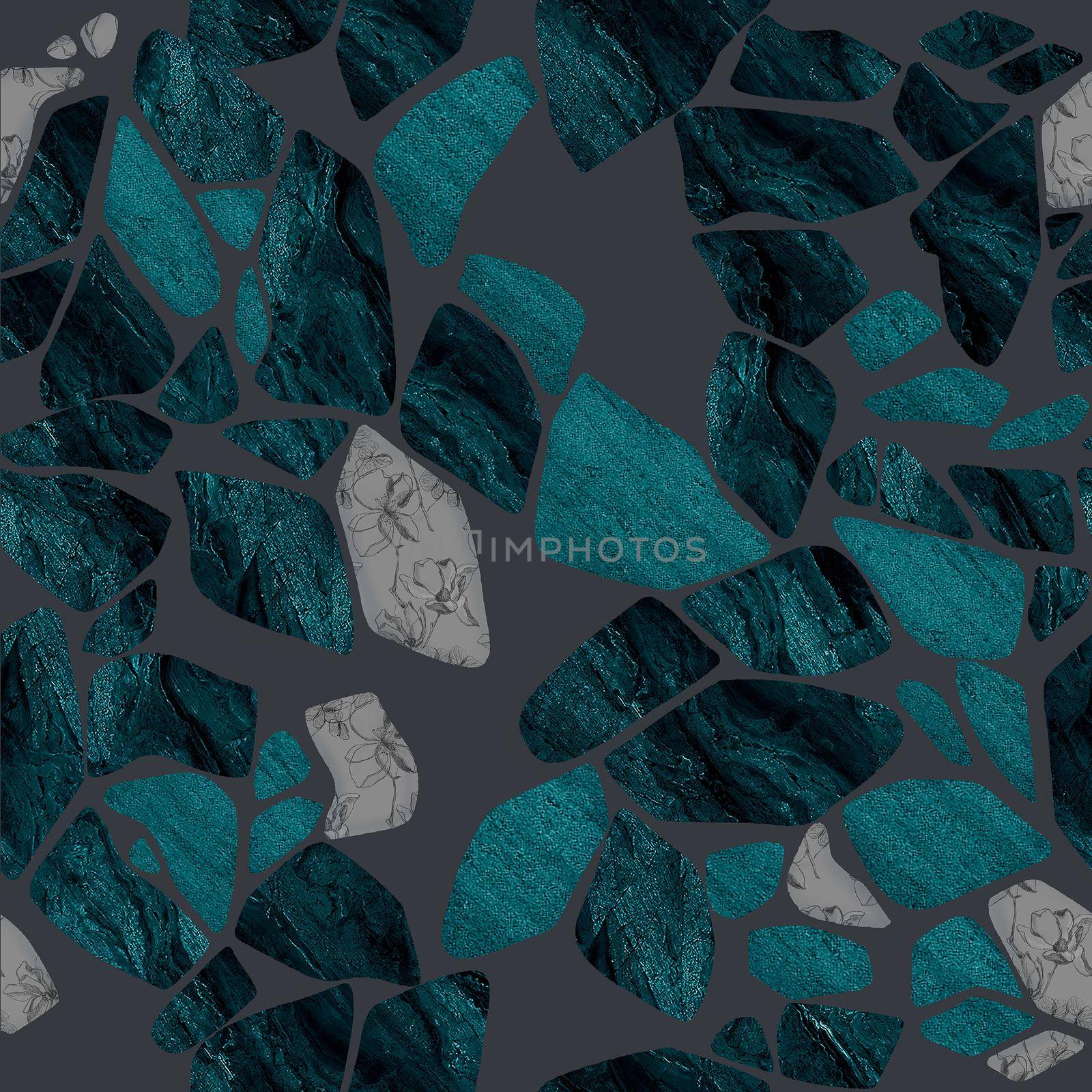 Black and emerald seamless pattern with cracked ceramic tile texture. Kintsugi style hand drawn illuastration by fireFLYart
