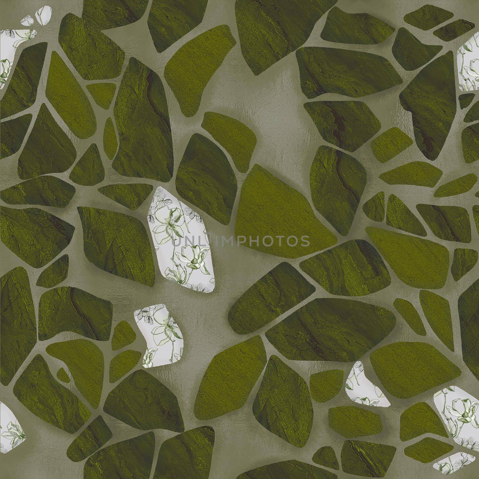 Green seamless pattern with cracked ceramic tile texture. Kintsugi style hand drawn illuastration by fireFLYart