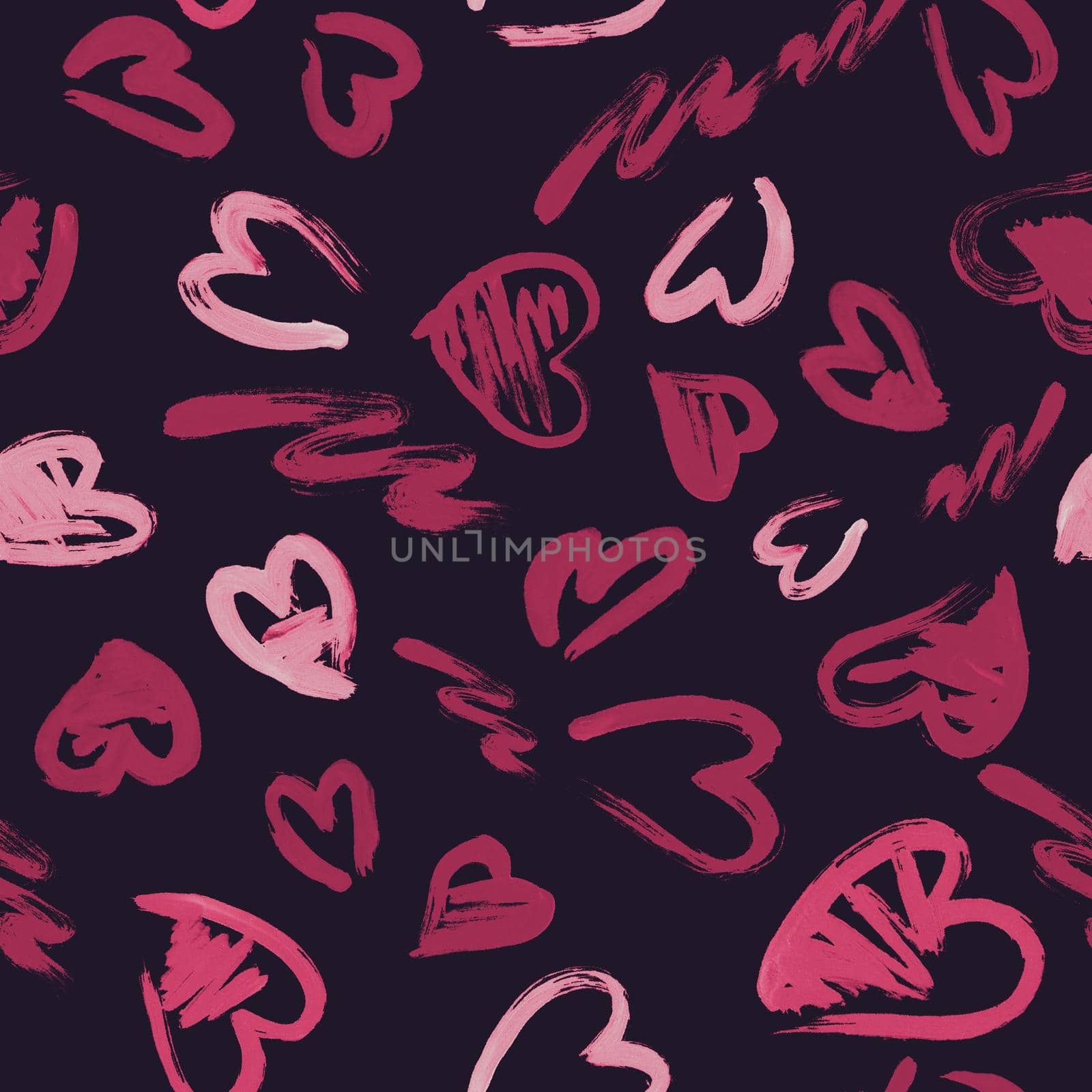 Hand drawn texture. Hearts, brush strokes, seamless pattern made with ink. by fireFLYart