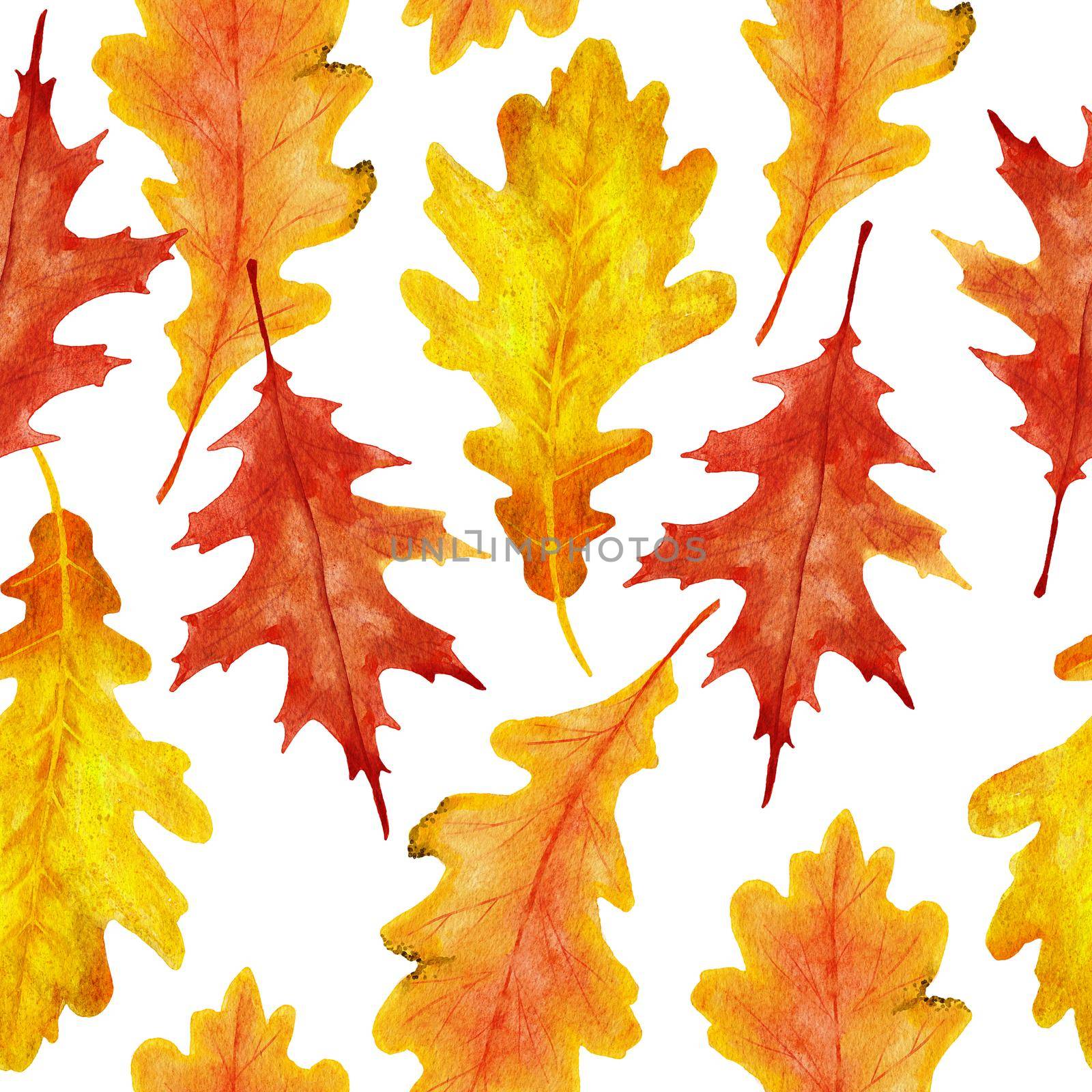 Watercolor hand drawn seamless pattern with red orange yellow fall autumn leaves, maple oak vine leaf. October september thanksgiving background with forest wood berries