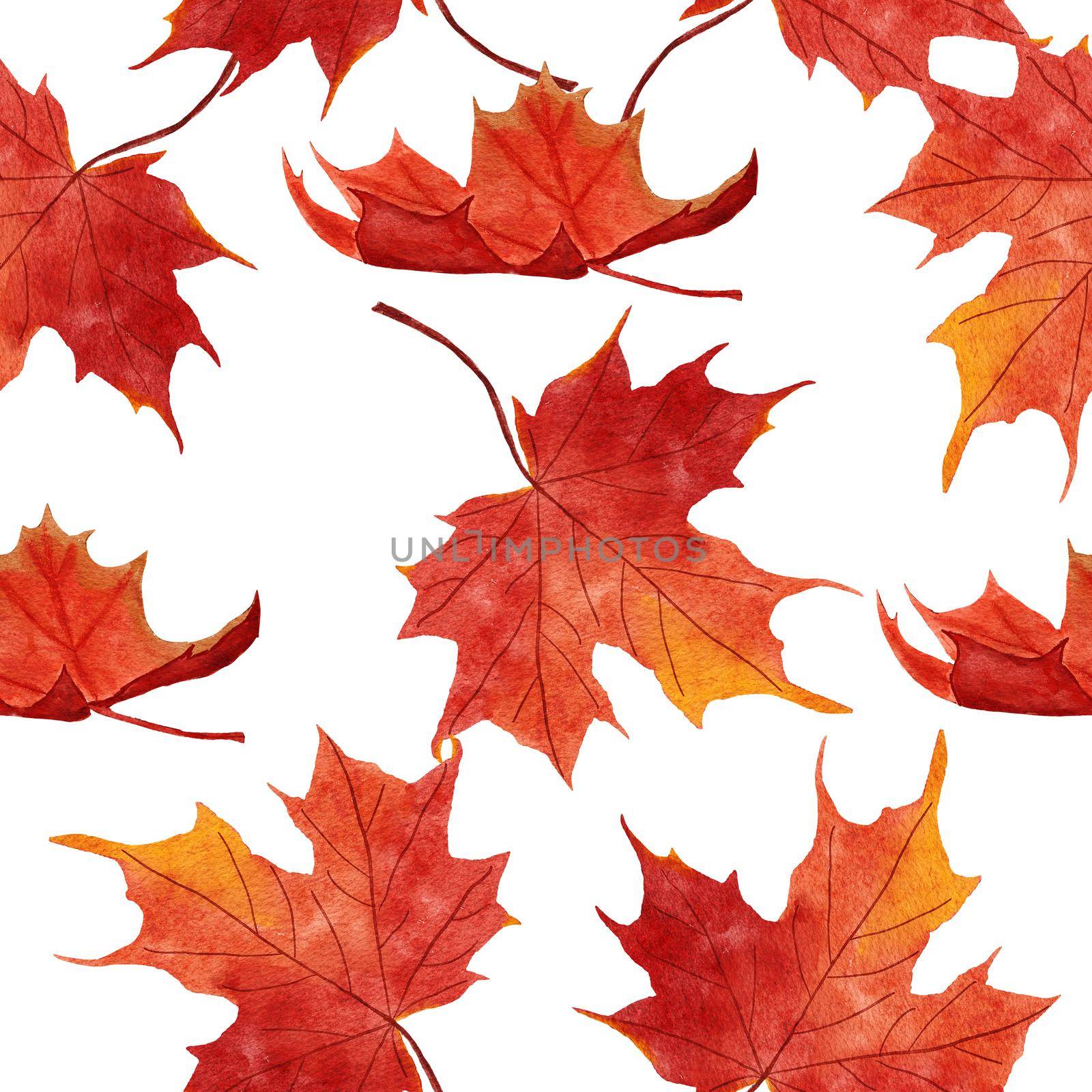 Watercolor hand drawn seamless pattern with red orange yellow fall autumn leaves, maple oak vine leaf. October september thanksgiving background with forest wood berries. by Lagmar