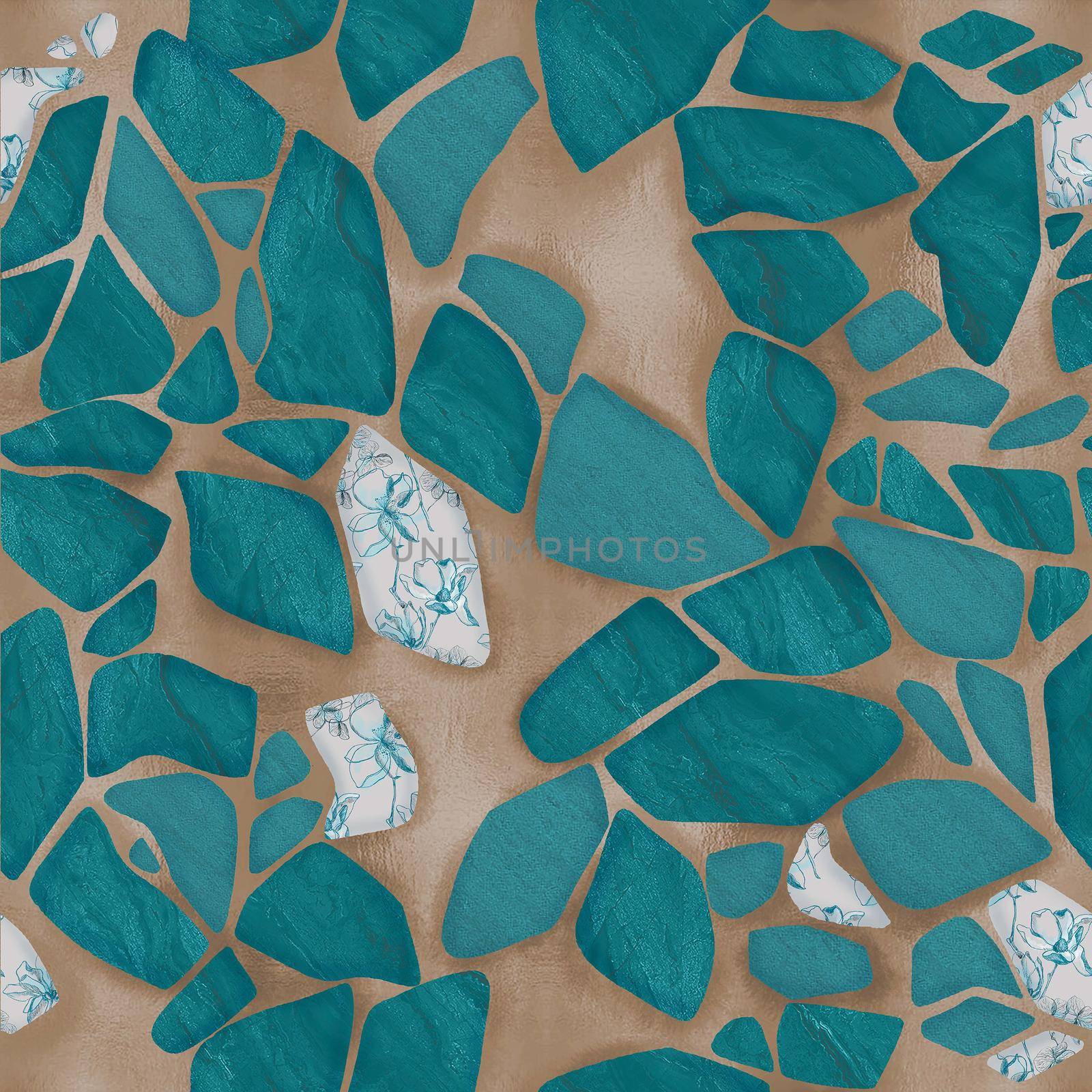 Geometric seamless pattern with cracked ceramic tile texture. Kintsugi style background. Japanese technique with broken pieces glued with gold. Mosaic ornament overlay on flower silhouettes.