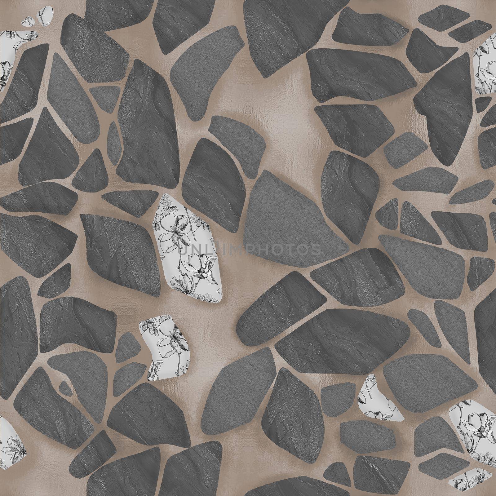 Gray seamless pattern with cracked ceramic tile texture. Kintsugi style hand drawn illuastration by fireFLYart