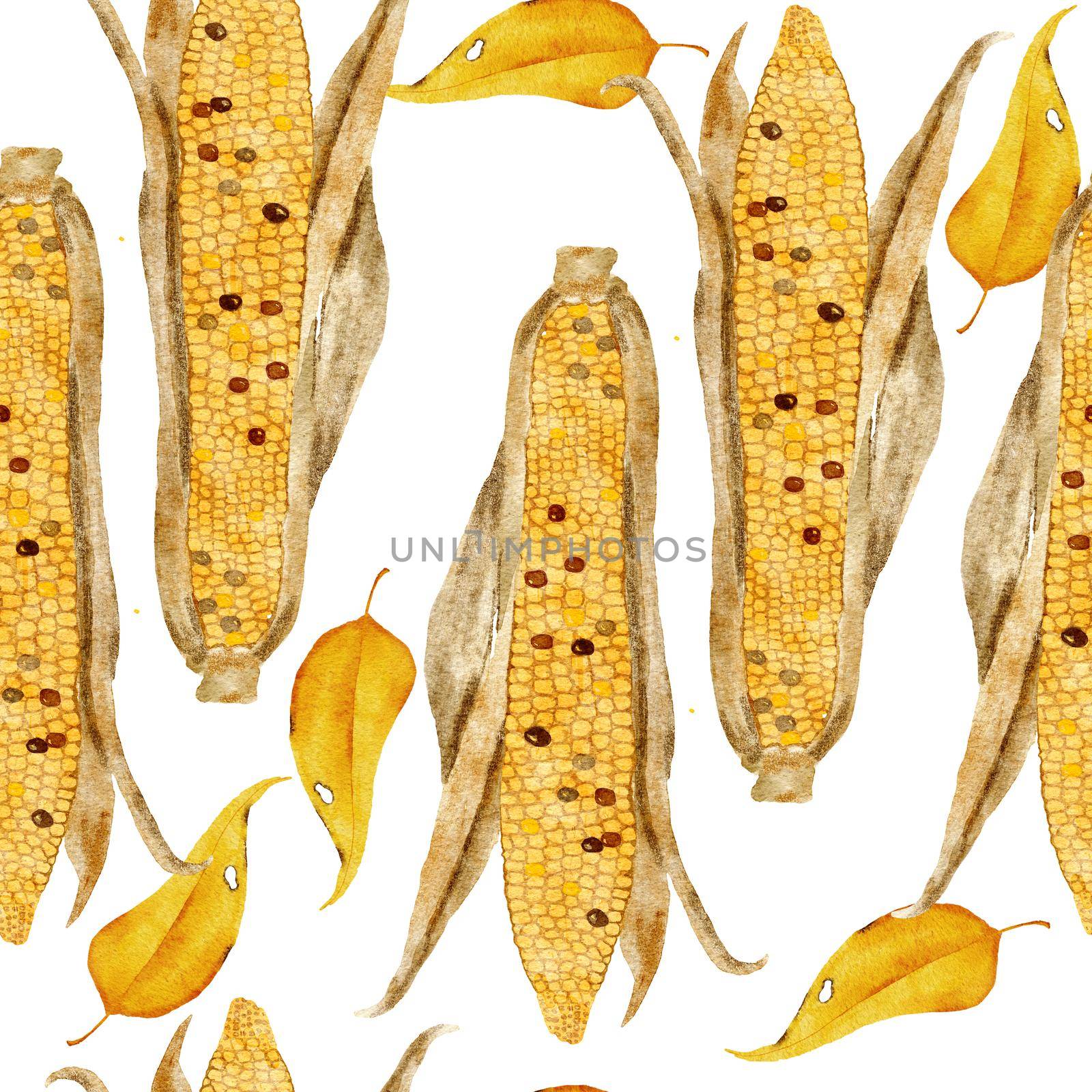 Watercolor hand drawn seamless pattern with corn ears and yellow fall autumn leaves. Harvest Thanksgiving farm cottage background. Organic food print