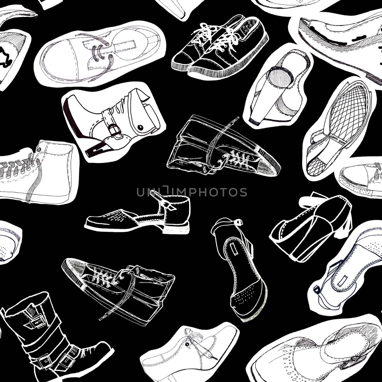 Seamless pattern with hand drawing objects, male and female shoes, sandals, feet, etc.