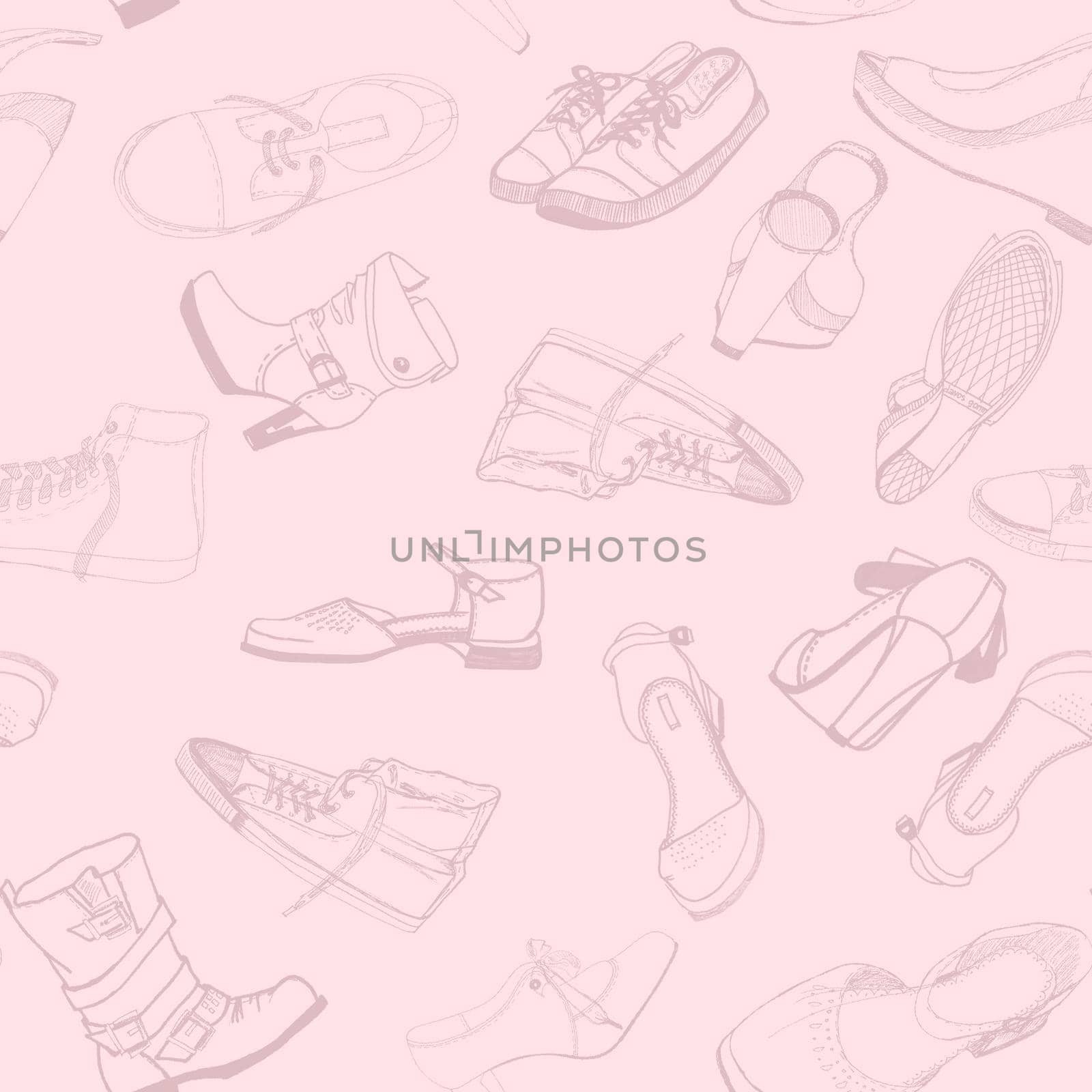 Seamless pattern with a lot of pieces of shoes. Hand drawn illustration by fireFLYart
