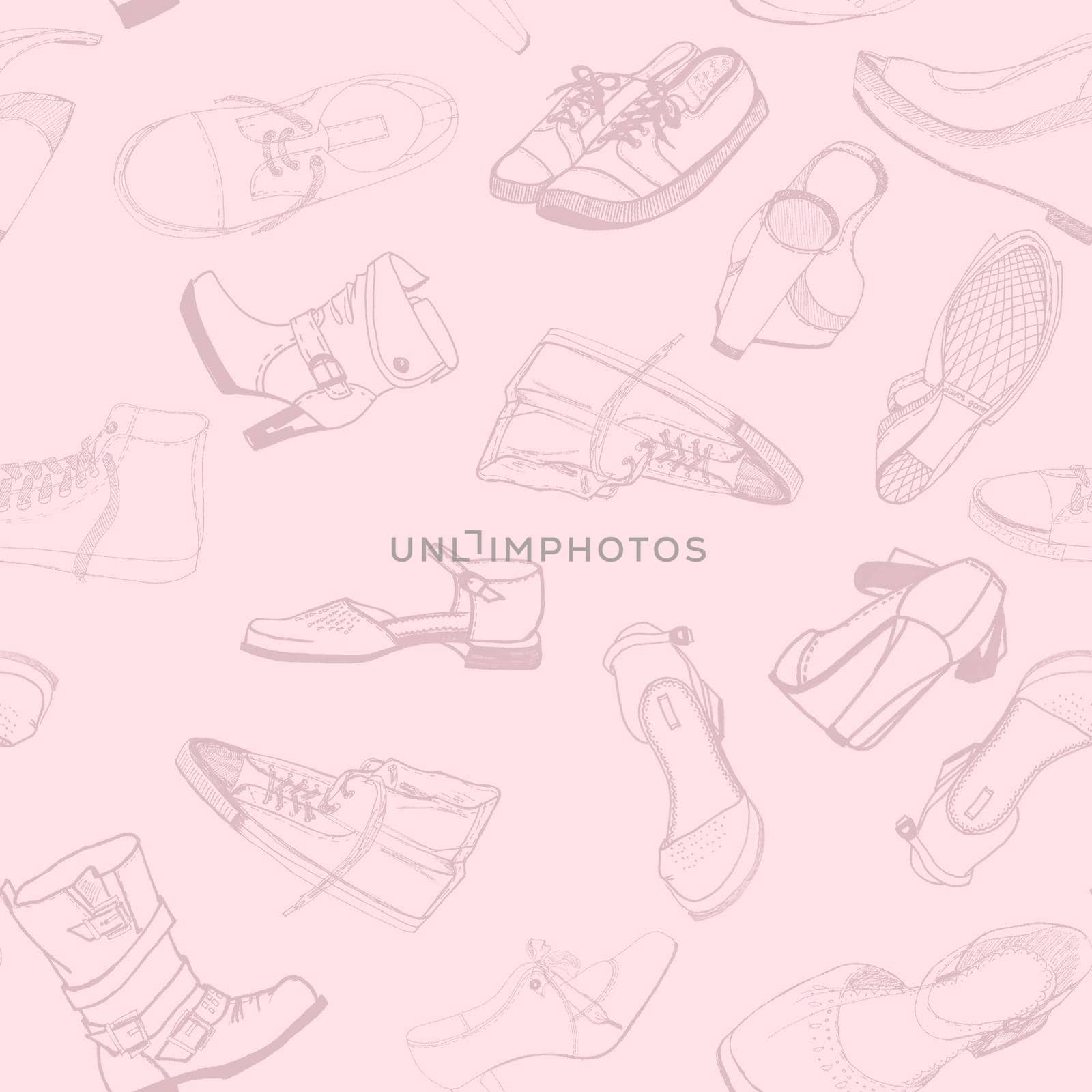 Seamless pattern with hand drawing objects, male and female shoes, sandals, feet, etc.