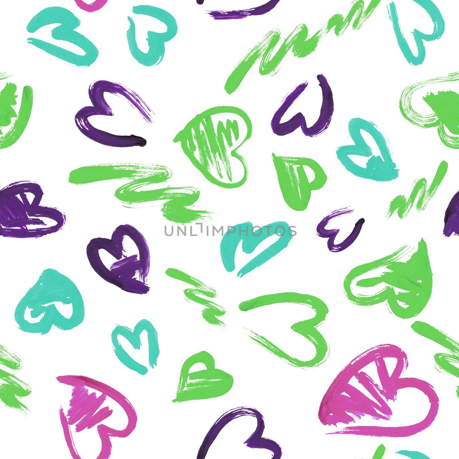 Hand drawn texture. Hearts, brush strokes, seamless pattern made with ink. by fireFLYart