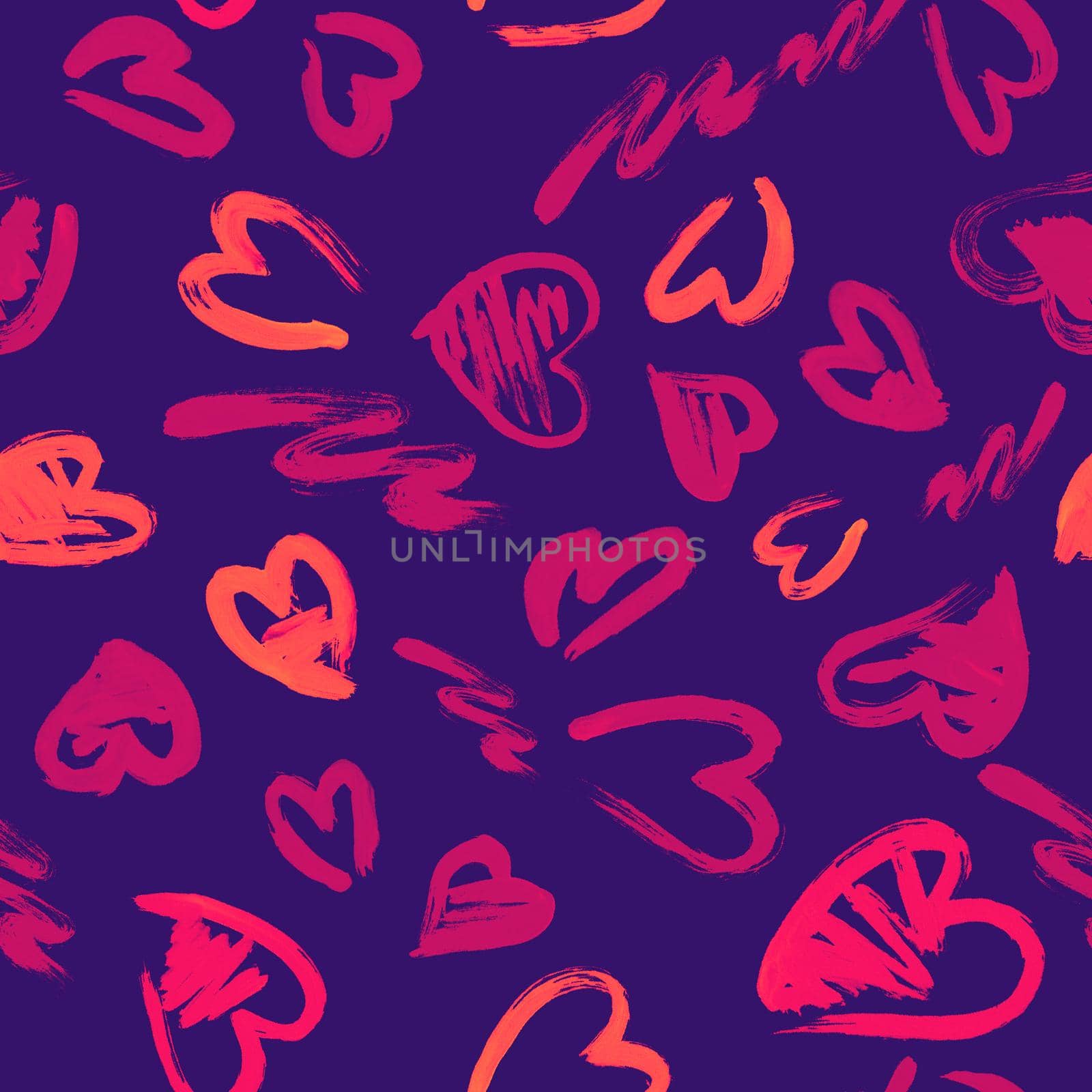 Hand drawn texture. Hearts, brush strokes, seamless pattern made with ink. by fireFLYart