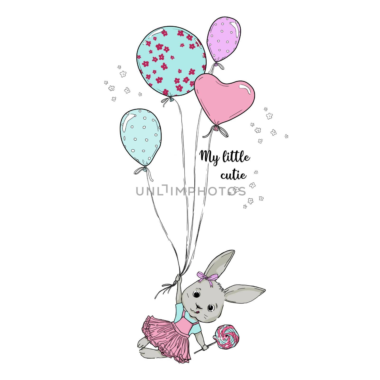 Cute dreaming cartoon rabbit animal hand drawn bunny illustration. kids nursery wear fashion design, baby shower invitation card, hand drawn illustration