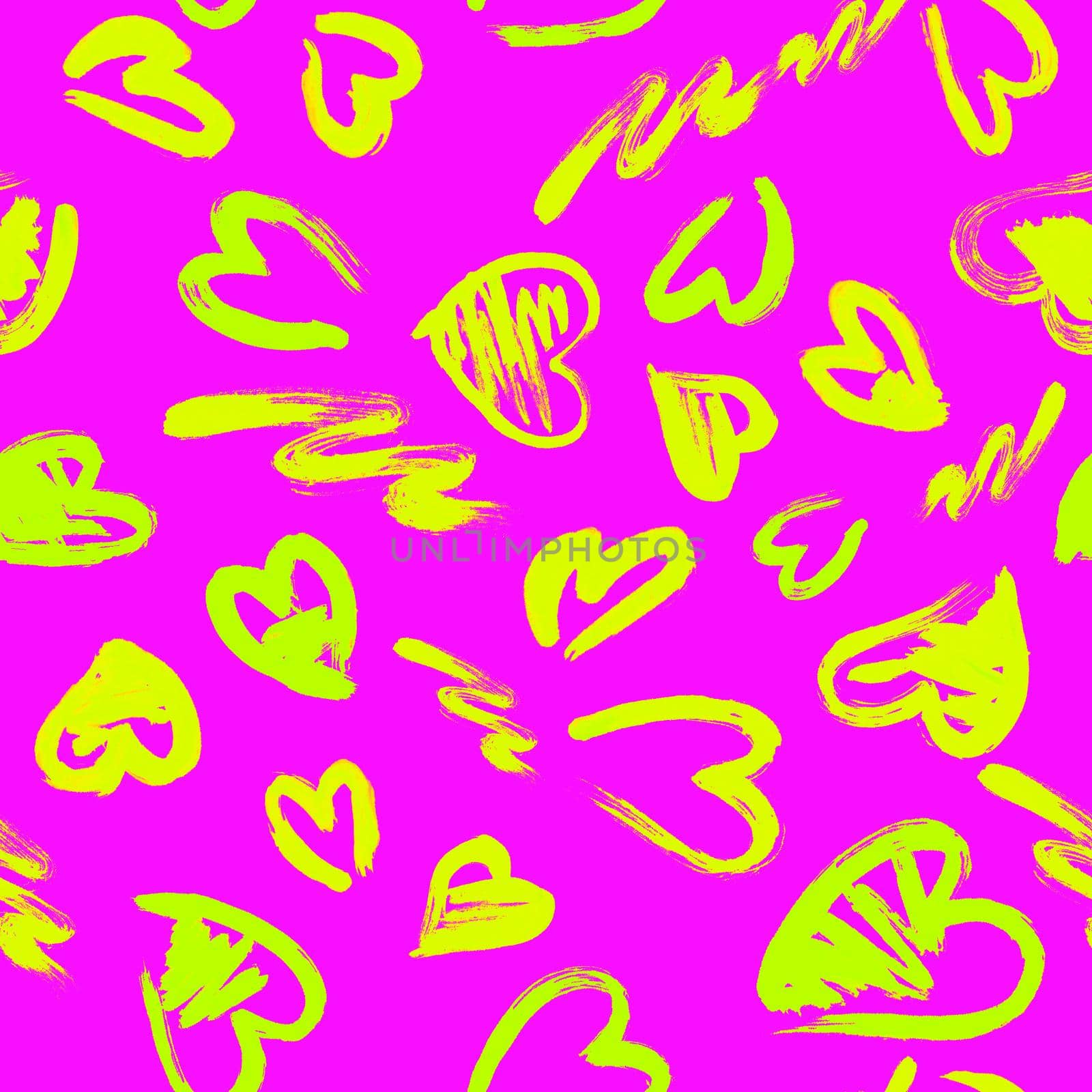 Hand drawn texture. Hearts, brush strokes, seamless pattern made with ink. by fireFLYart