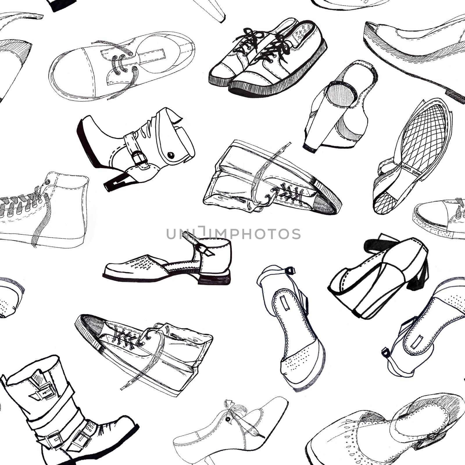 Seamless pattern with a lot of pieces of shoes. Hand drawn illustration by fireFLYart