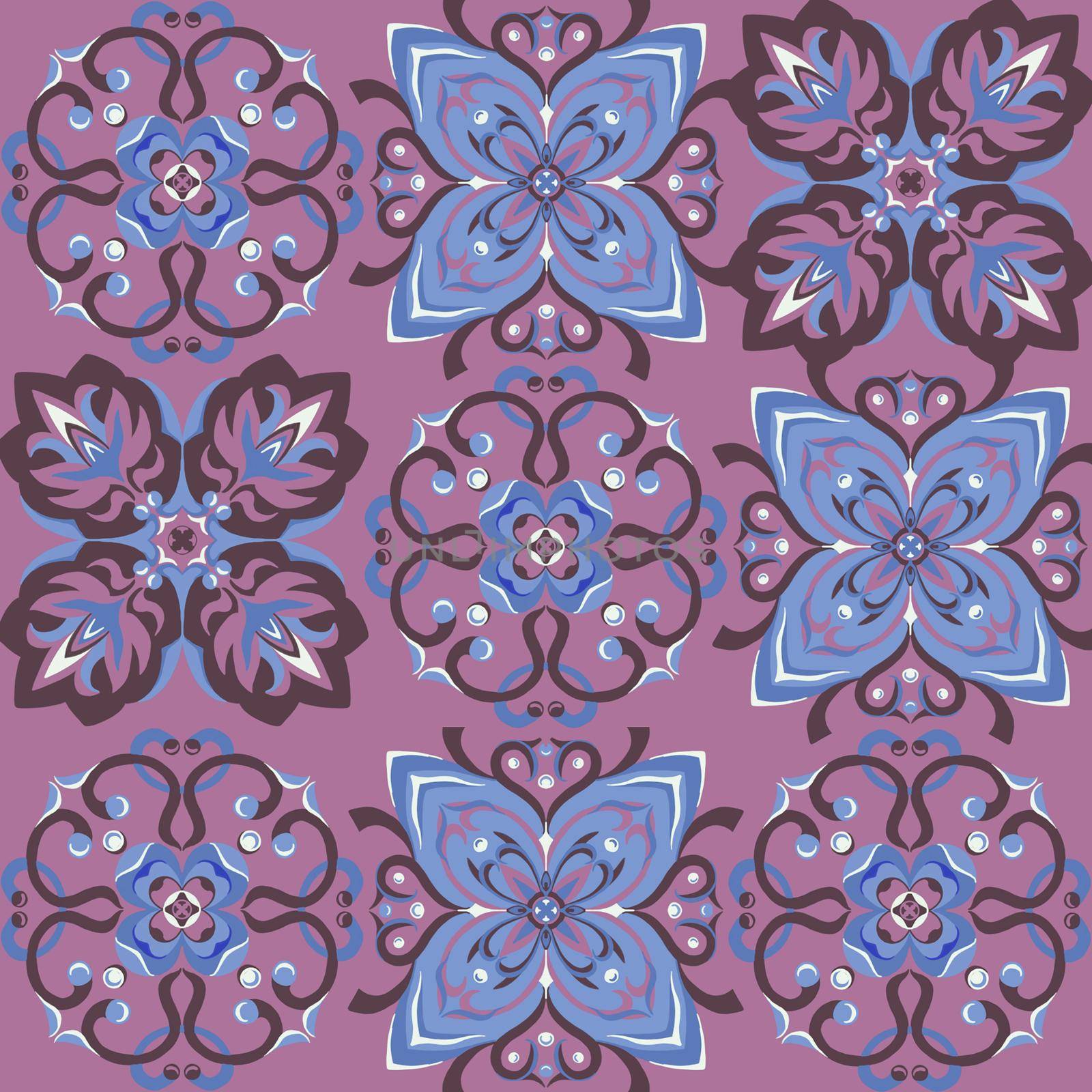 Seamless vintage pattern with an effect of attrition. Patchwork carpet. Hand drawn seamless abstract pattern from tiles. Azulejos tiles patchwork. Portuguese and Spain decor.