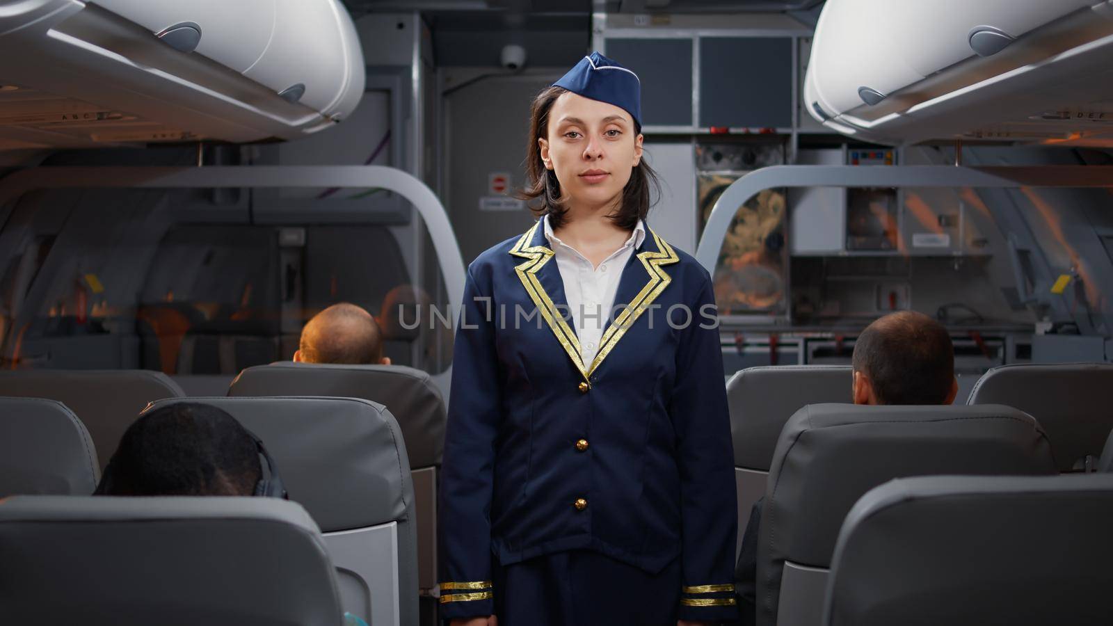 Portrait of female flight attendant sitting on airplane aisle by DCStudio