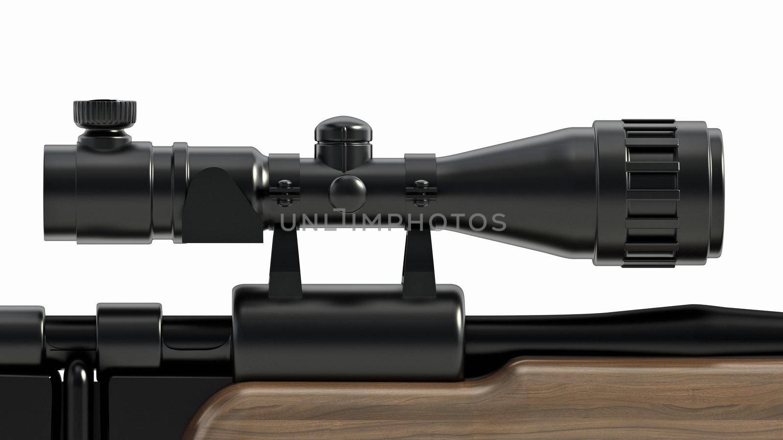 Rifle scope attached on the hunting rifle. 3D illustration by Simsek