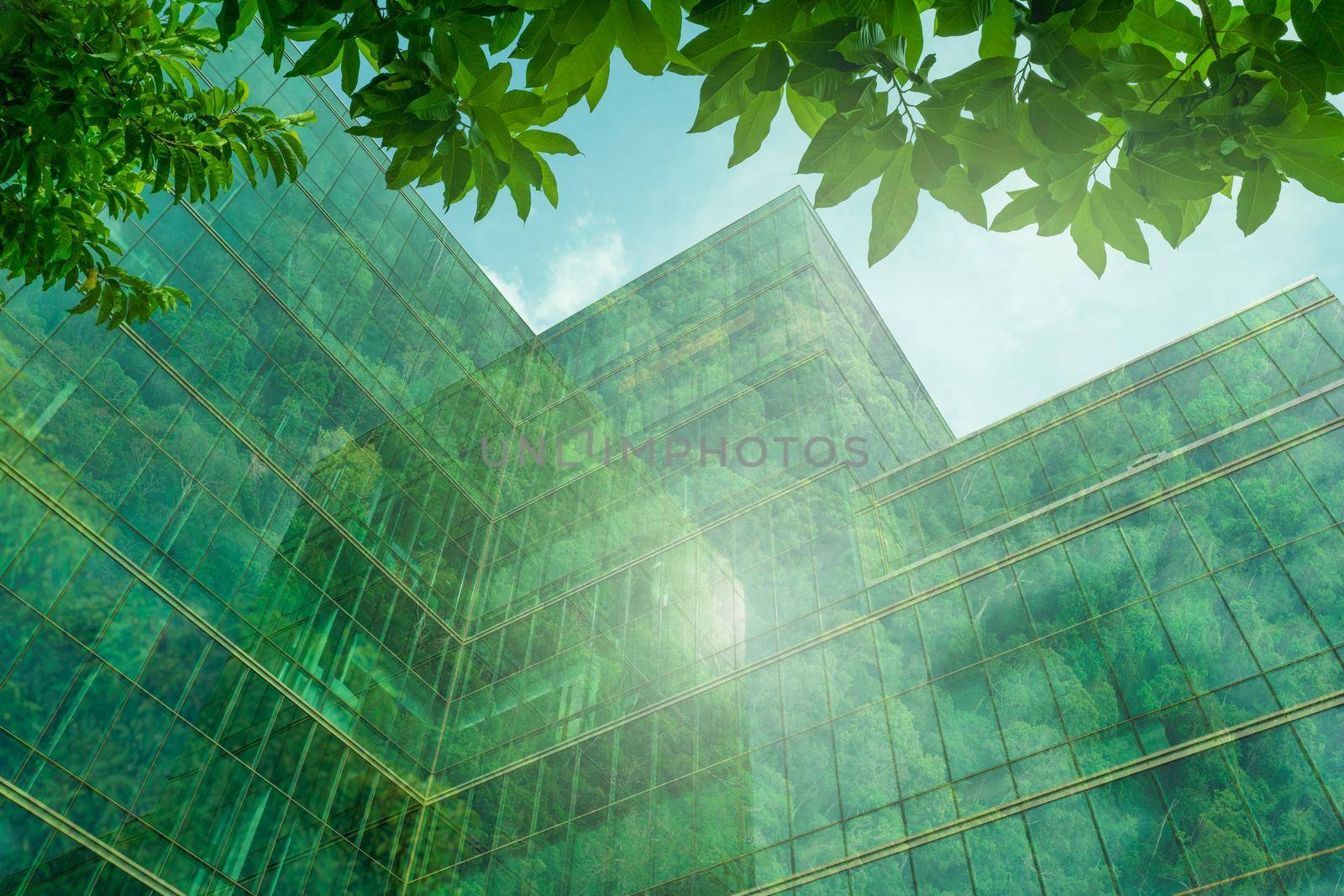 Eco-friendly building in the modern city. Sustainable glass office building with tree for reducing heat and carbon dioxide. Office building with green environment. Corporate building reduce CO2.