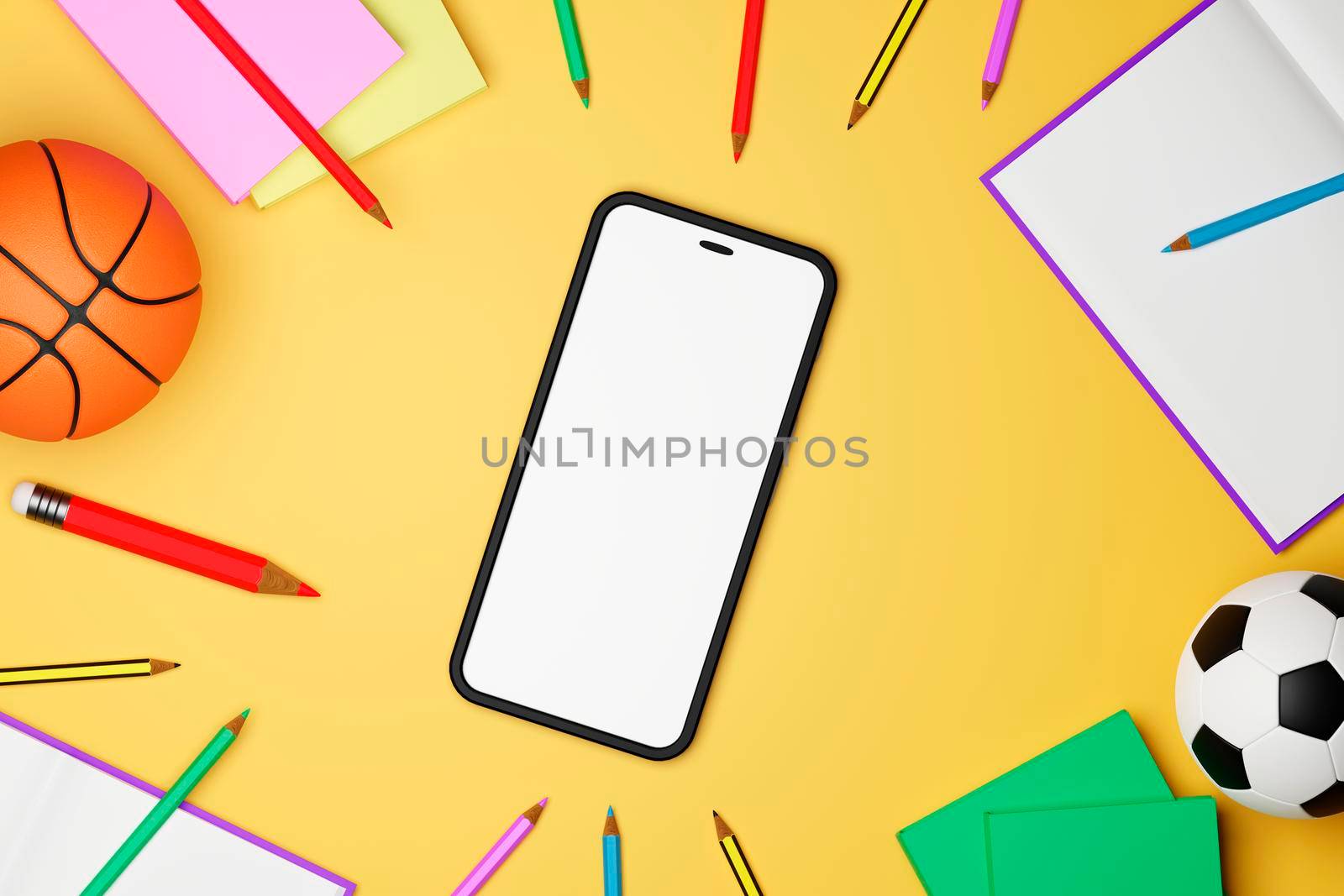 Top view of a set of school supplies and mobile phone on yellow background. 3d illustration