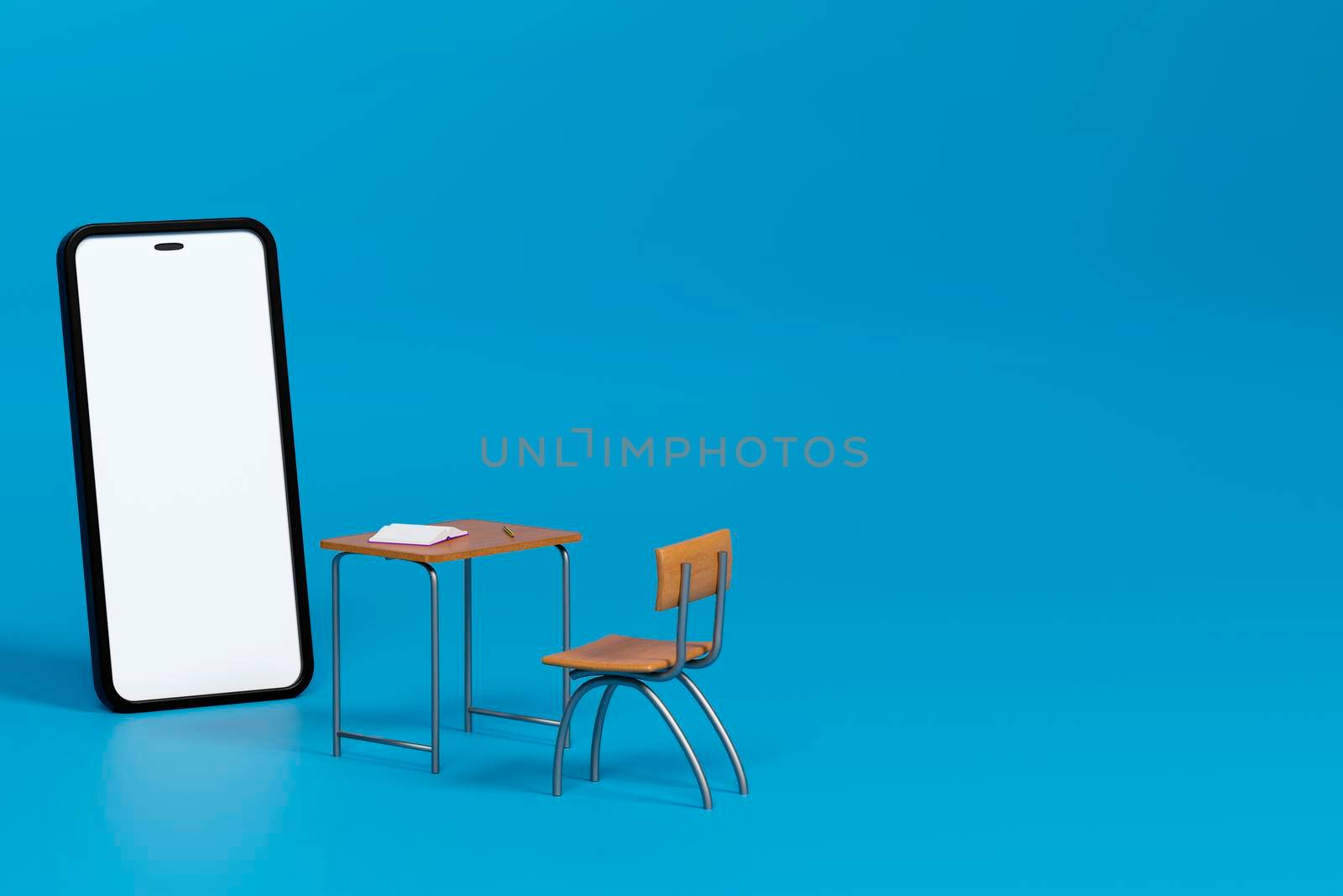 Chair, desk, mobile phone on blue background. 3d illustration by raferto1973