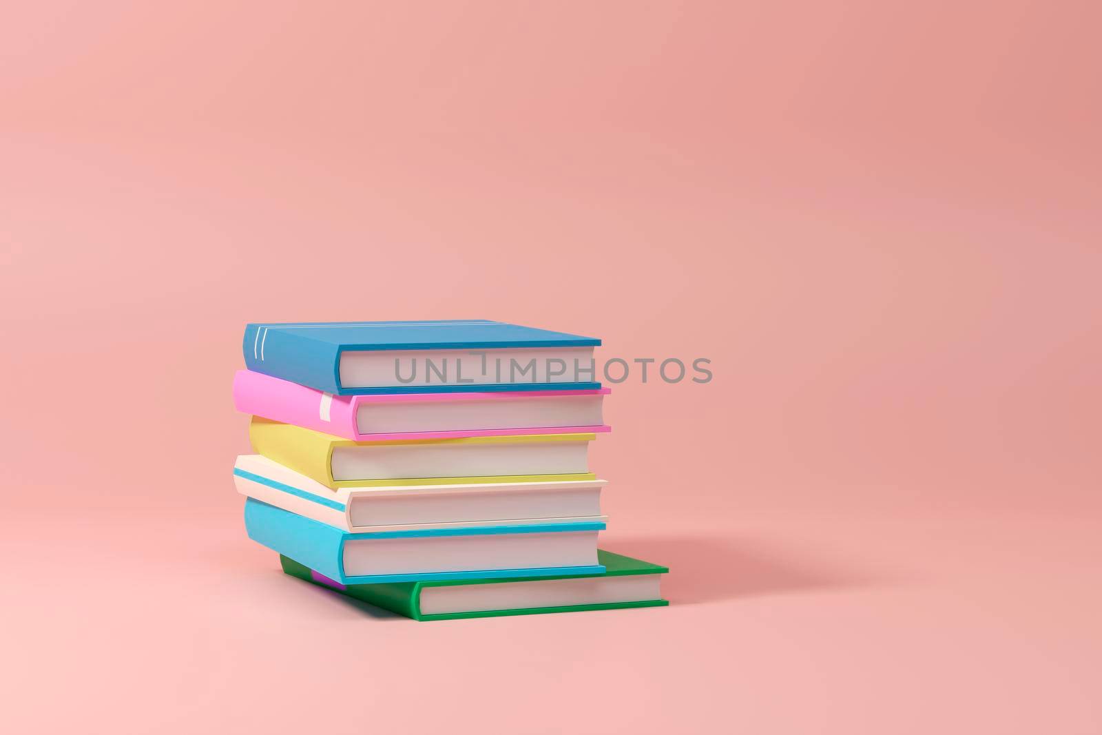 Stack of books and paper on pink background. 3d illustration