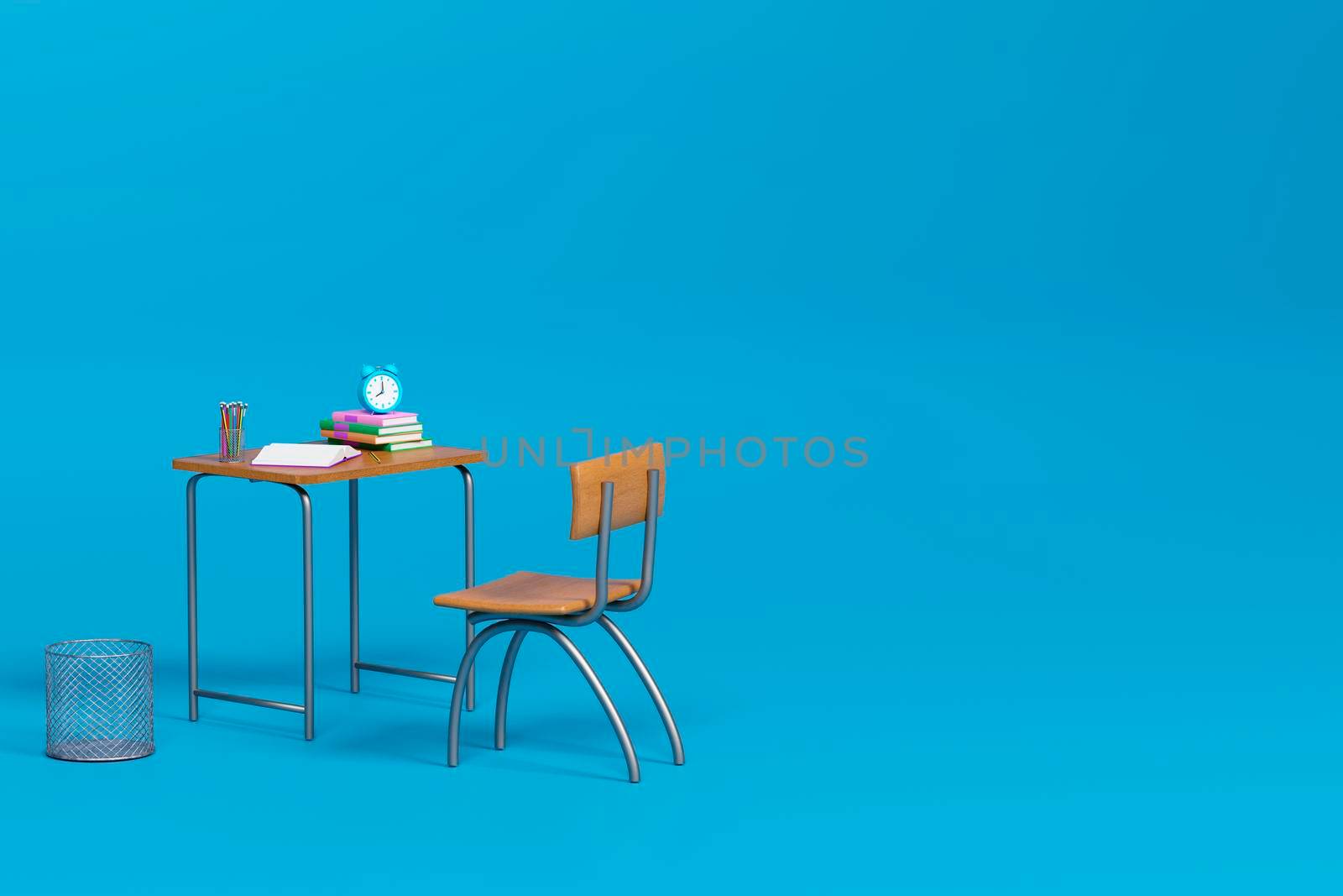 School desk with school accessory on the table on blue background 3D Rendering by raferto1973