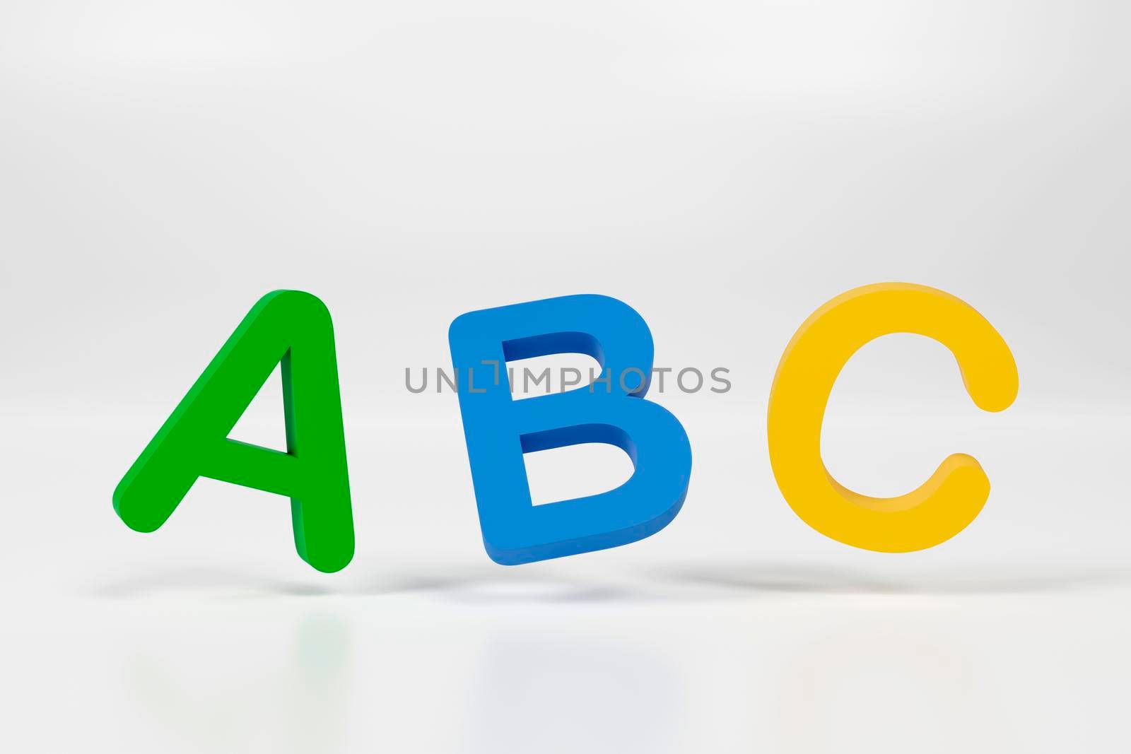 3d abc letters isolated over white background with reflection. 3d illustration by raferto1973