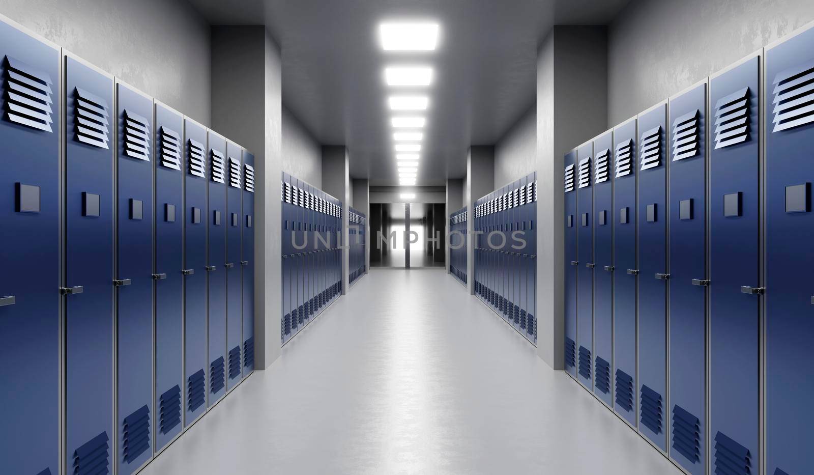 Long school corridor with blue lockers , 3d illustration by raferto1973