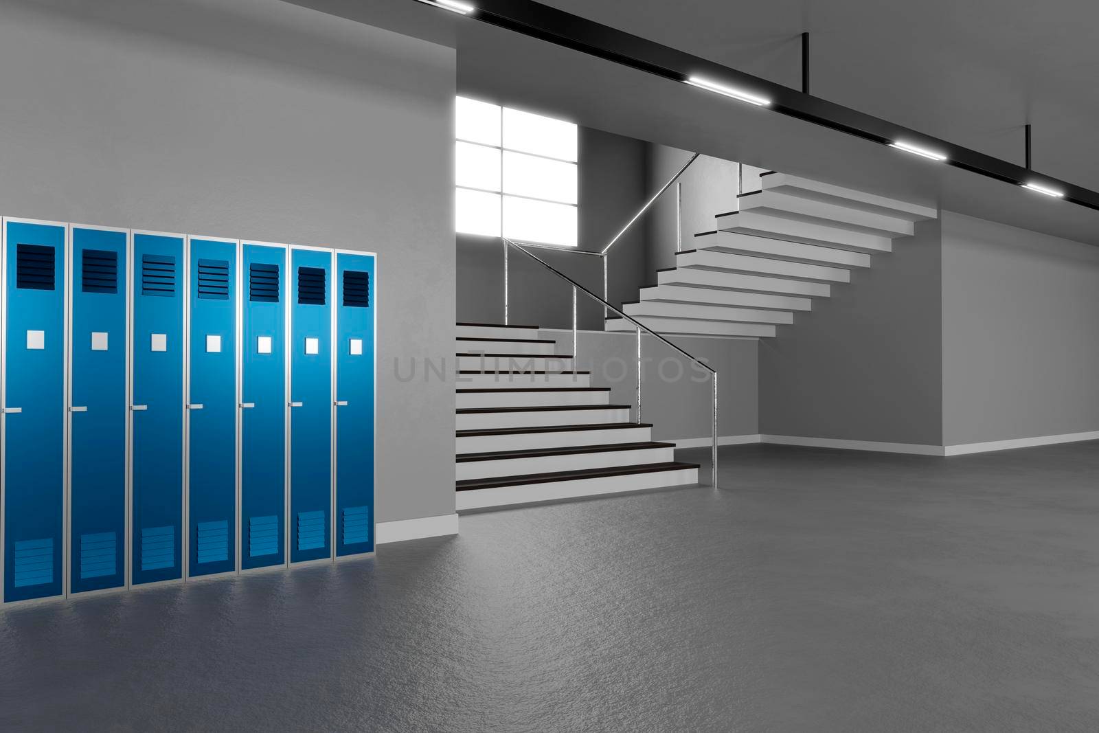 Light school hallway interior with copyspace. 3d render by raferto1973