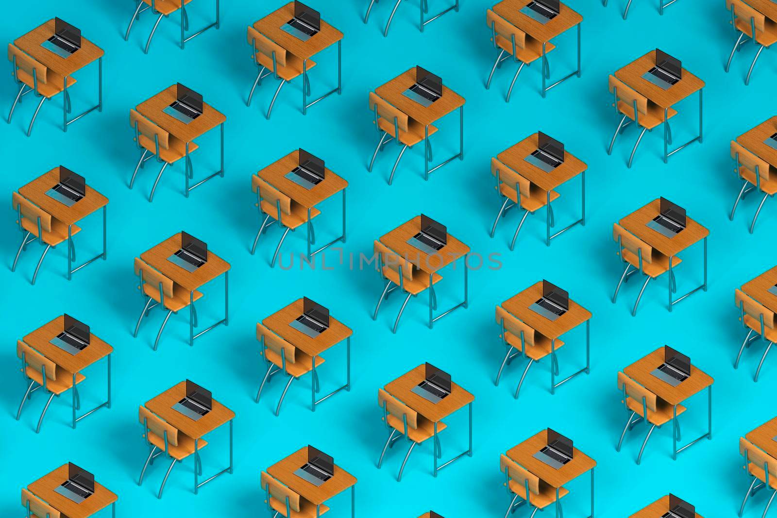 large pattern of School desks, books and laptops. 3d render