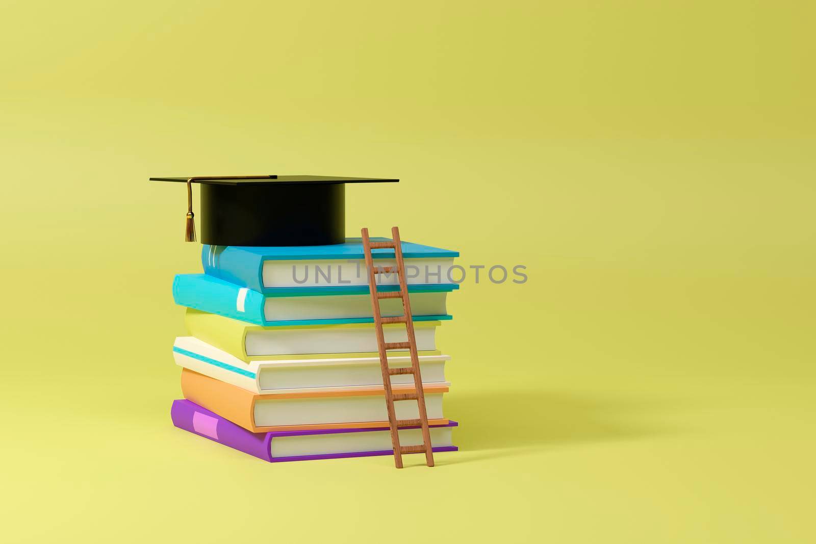 Stack books with ladder and black square academic cap on top isolated on yellow background, 3d . by raferto1973