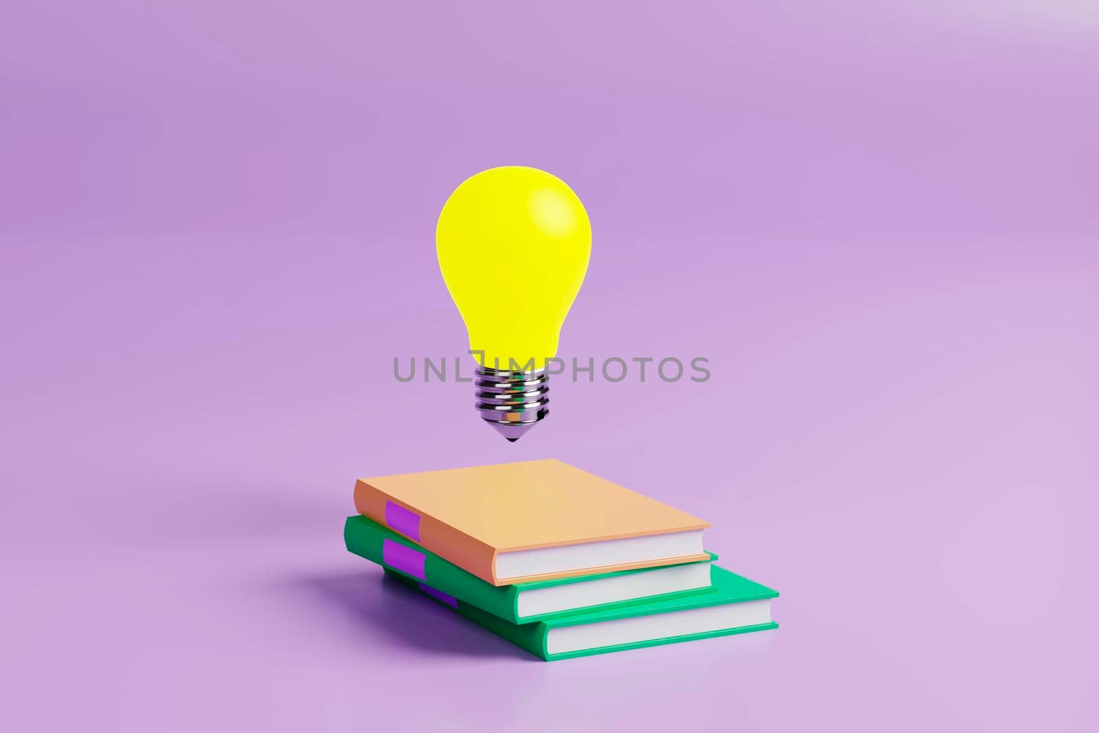 books and light bulb isolated on pastel background. education, Knowledge creates ideas conceptual design. 3d rendering