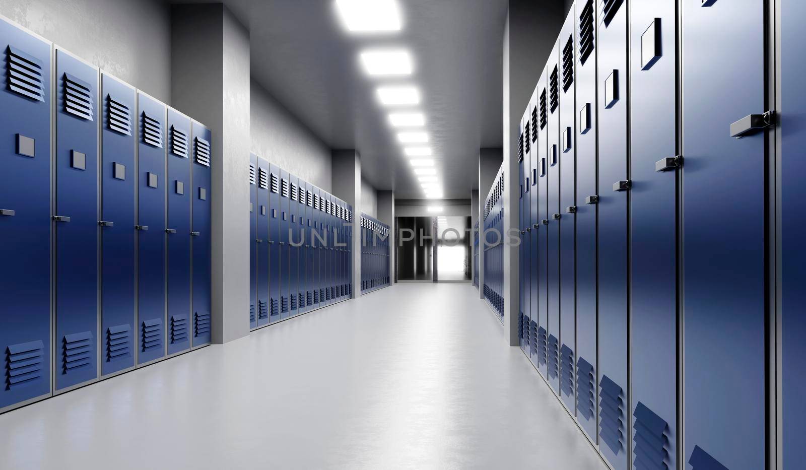 Long school corridor with blue lockers , 3d illustration by raferto1973