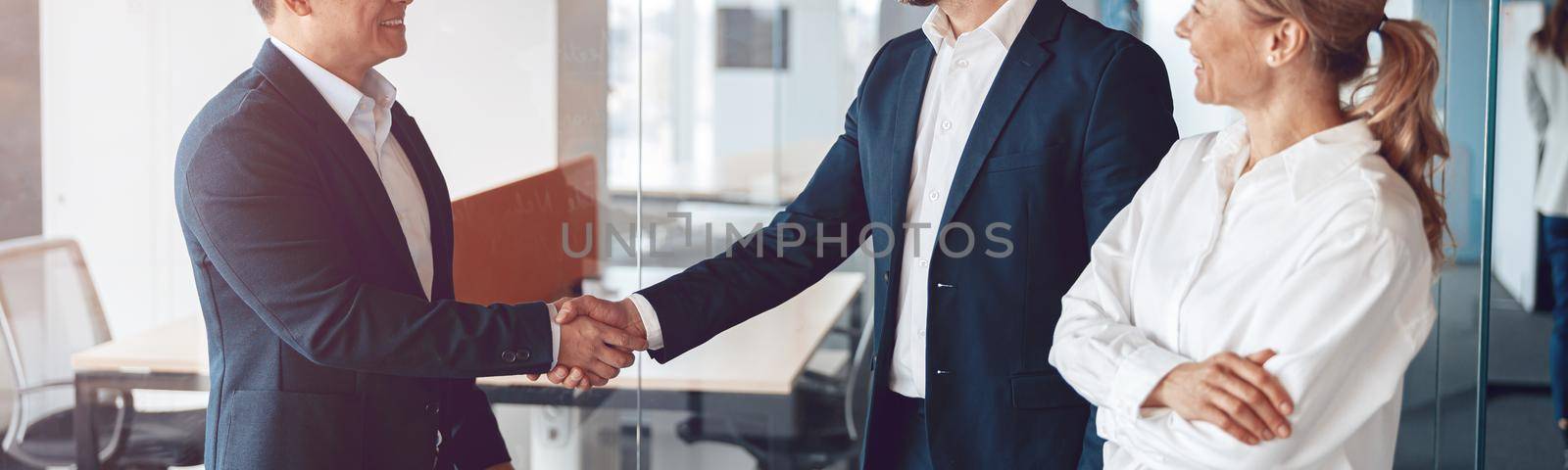 Welcome to our team, mature modern men in formal wear shaking hands in modern office by Yaroslav_astakhov