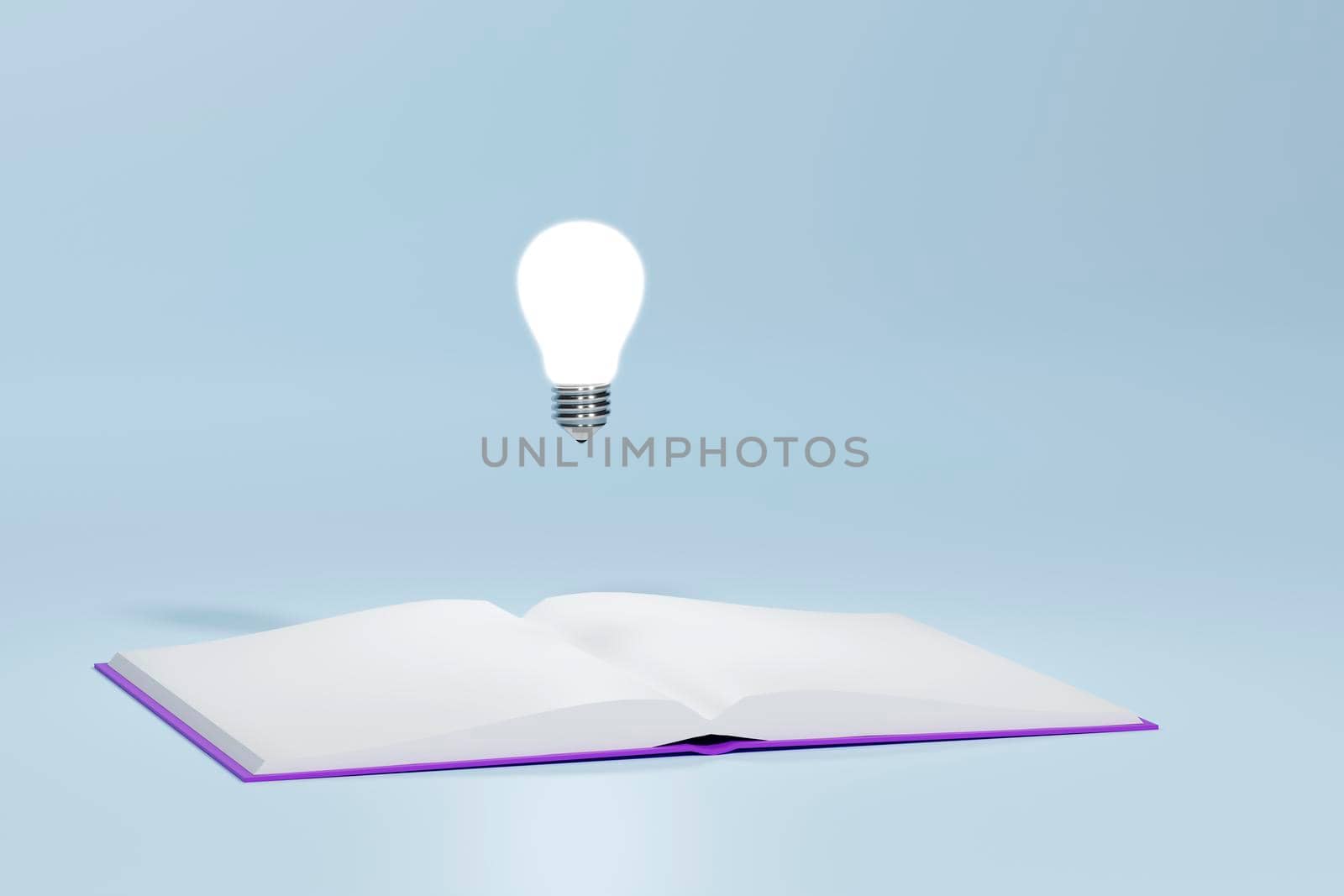 white light bulb floating from open book on blue background. minimal design.3d render by raferto1973