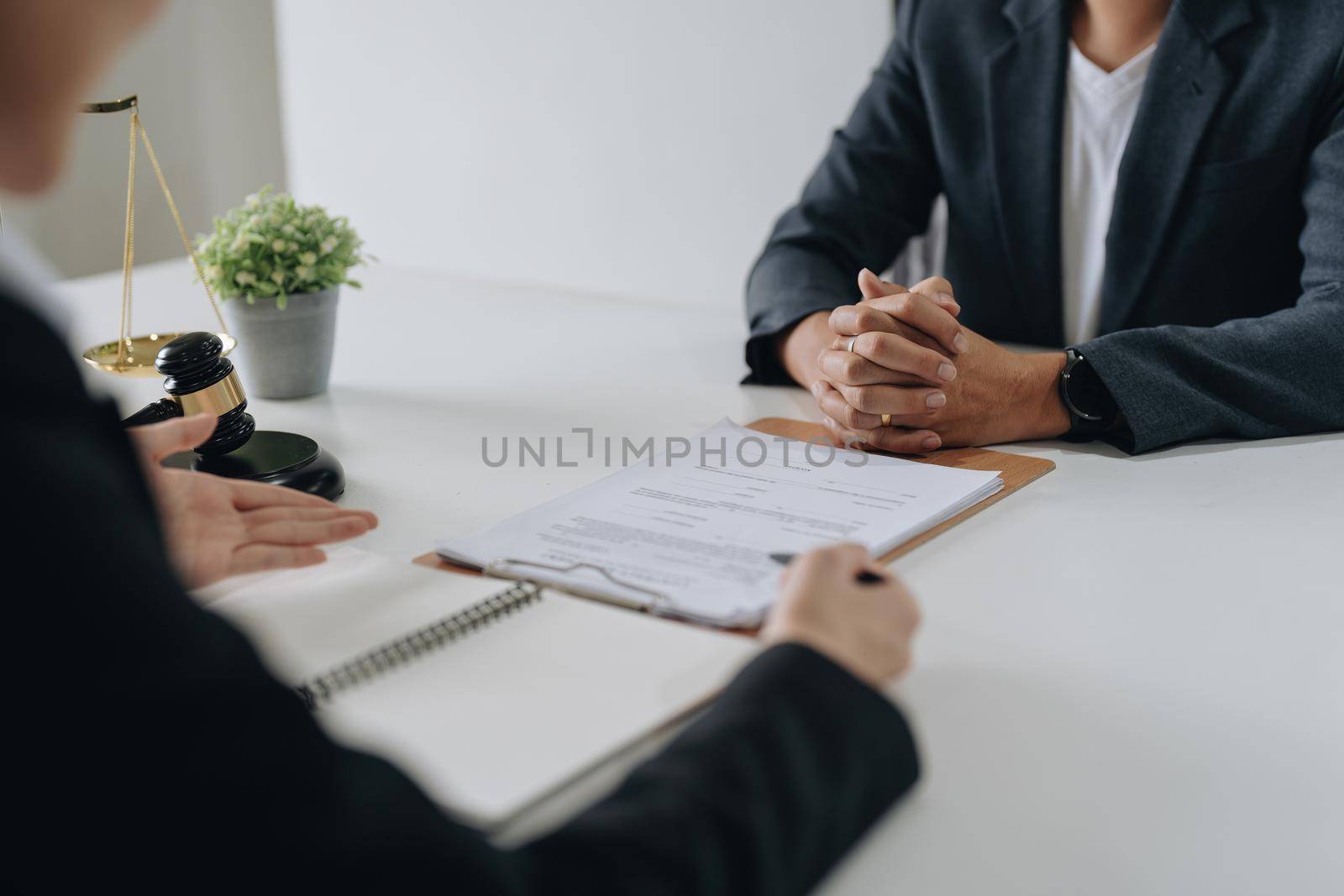 Good service cooperation, Consultation of Businesswoman and Male lawyer or judge counselor having team meeting with client, Law and Legal services concept